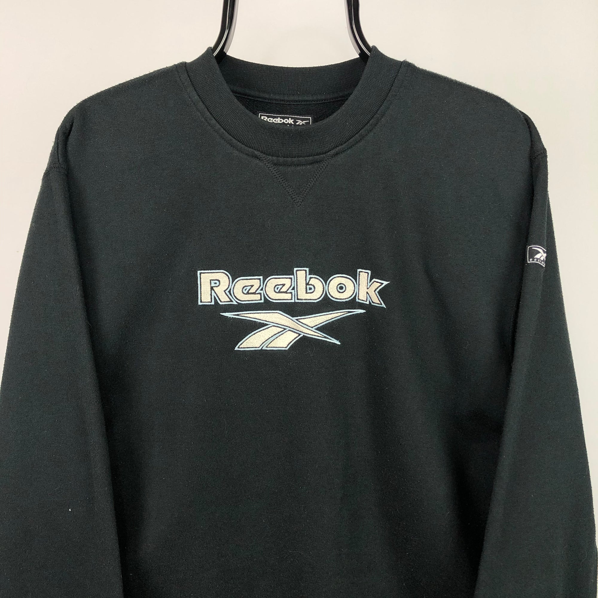 Vintage 90s Reebok Spellout Sweatshirt in Black/Blue - Men's Small/Women's Medium