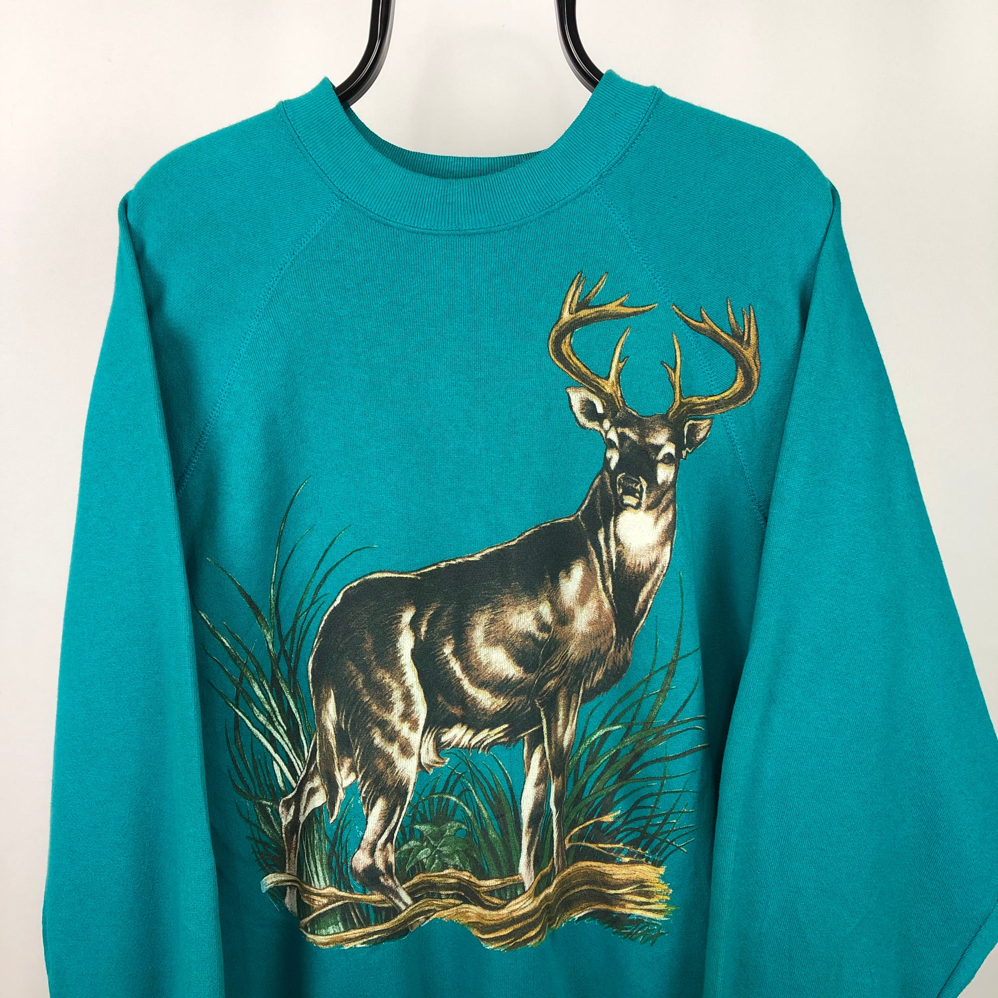 Vintage 90s Deer Print Sweatshirt in Turquoise - Men's XL/Women's XXL