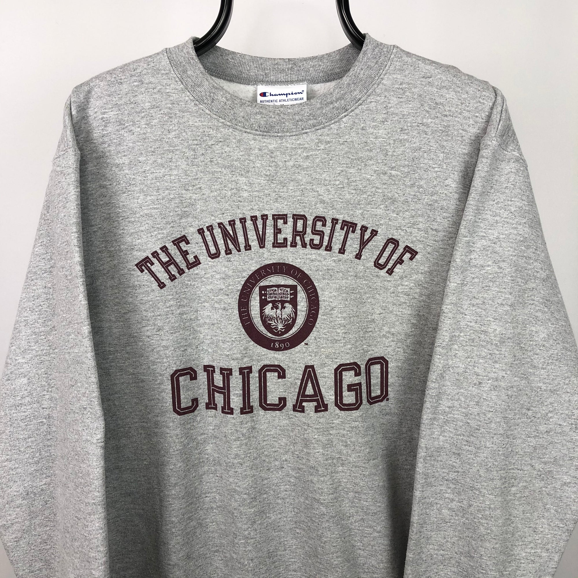 Vintage Champion 'Chicago' Sweatshirt in Grey/Burgundy - Men's Medium/Women's Large