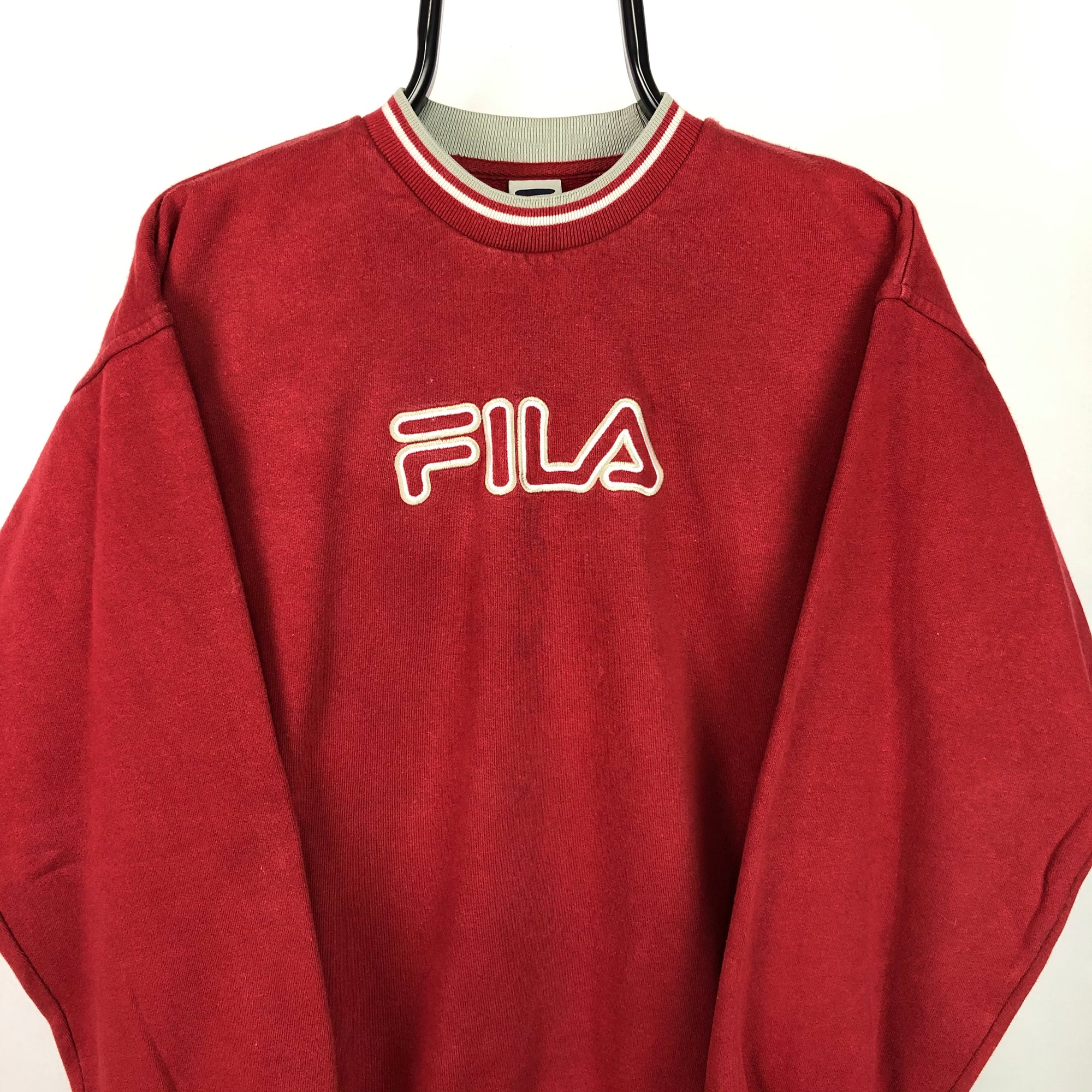 Vintage Fila Spellout Sweatshirt in Deep Red - Men's Small/Women's Medium