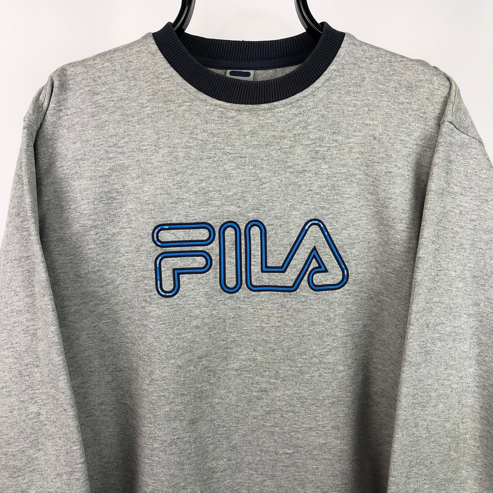 Vintage Fila Spellout Sweatshirt in Grey/Blue - Men's Small/Women's Medium