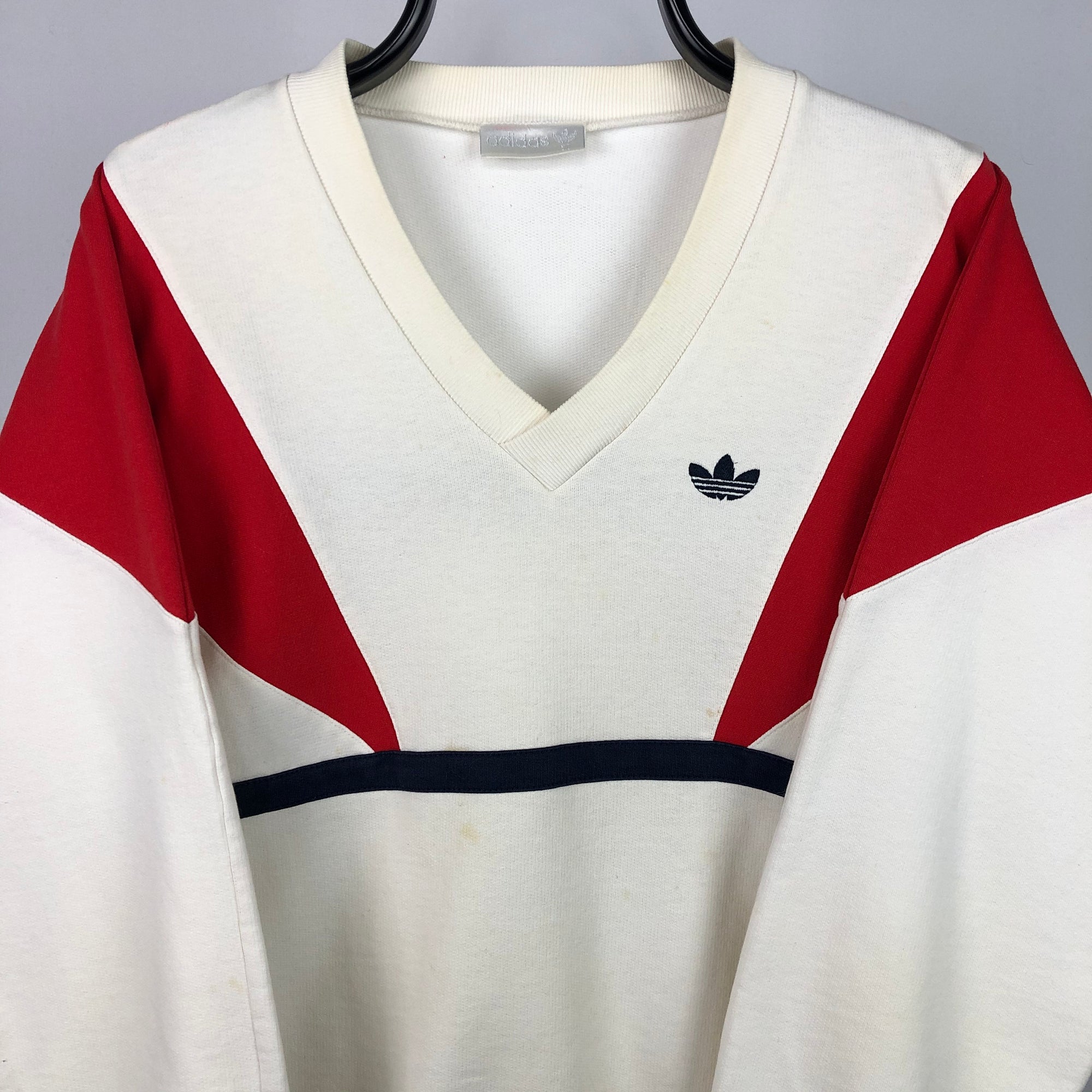 Vintage 80s Adidas Sweatshirt in Cream/Red/Navy - Men's Medium/Women's Large