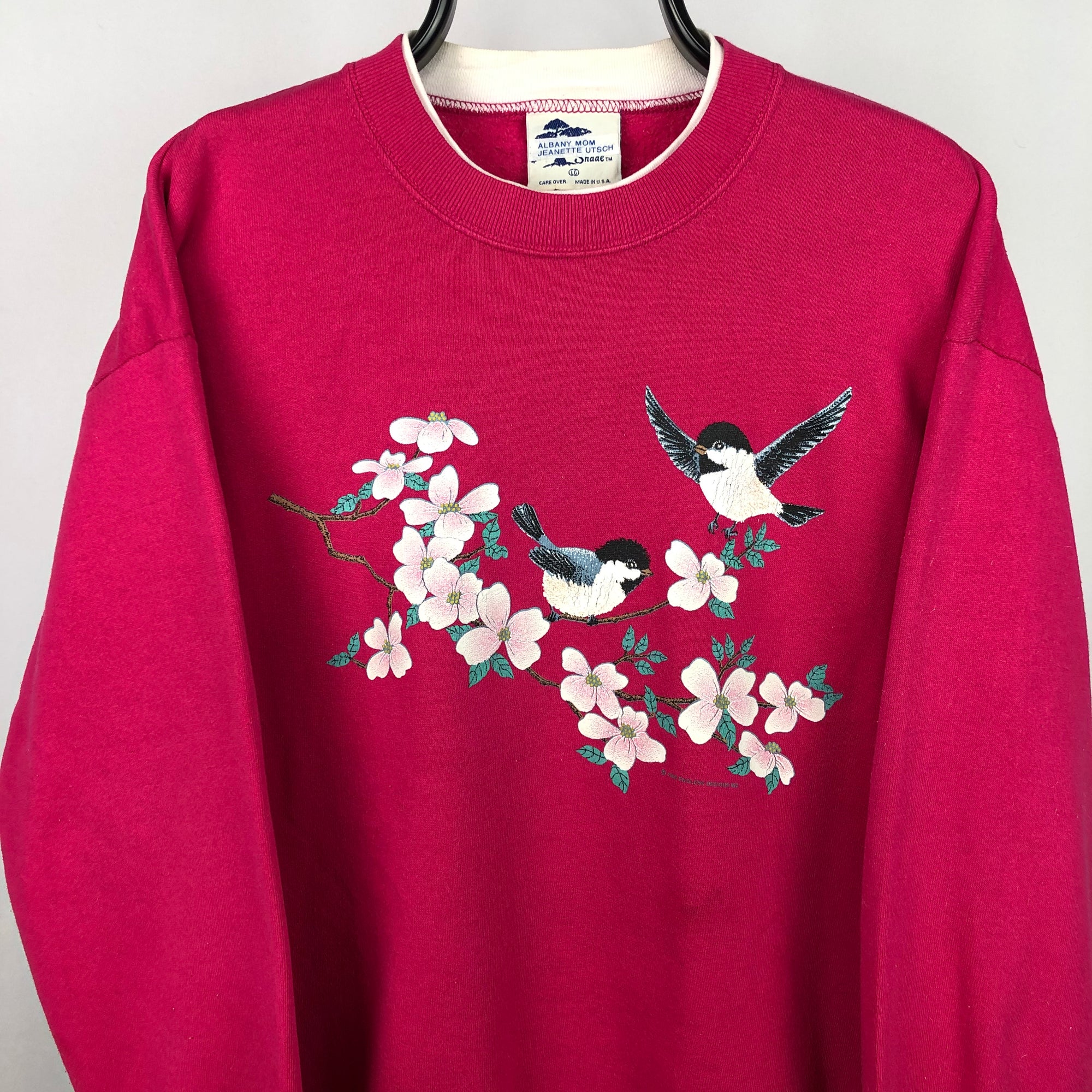 Vintage 90s Birds + Flowers Sweatshirt in Pink - Men's Large/Women's XL