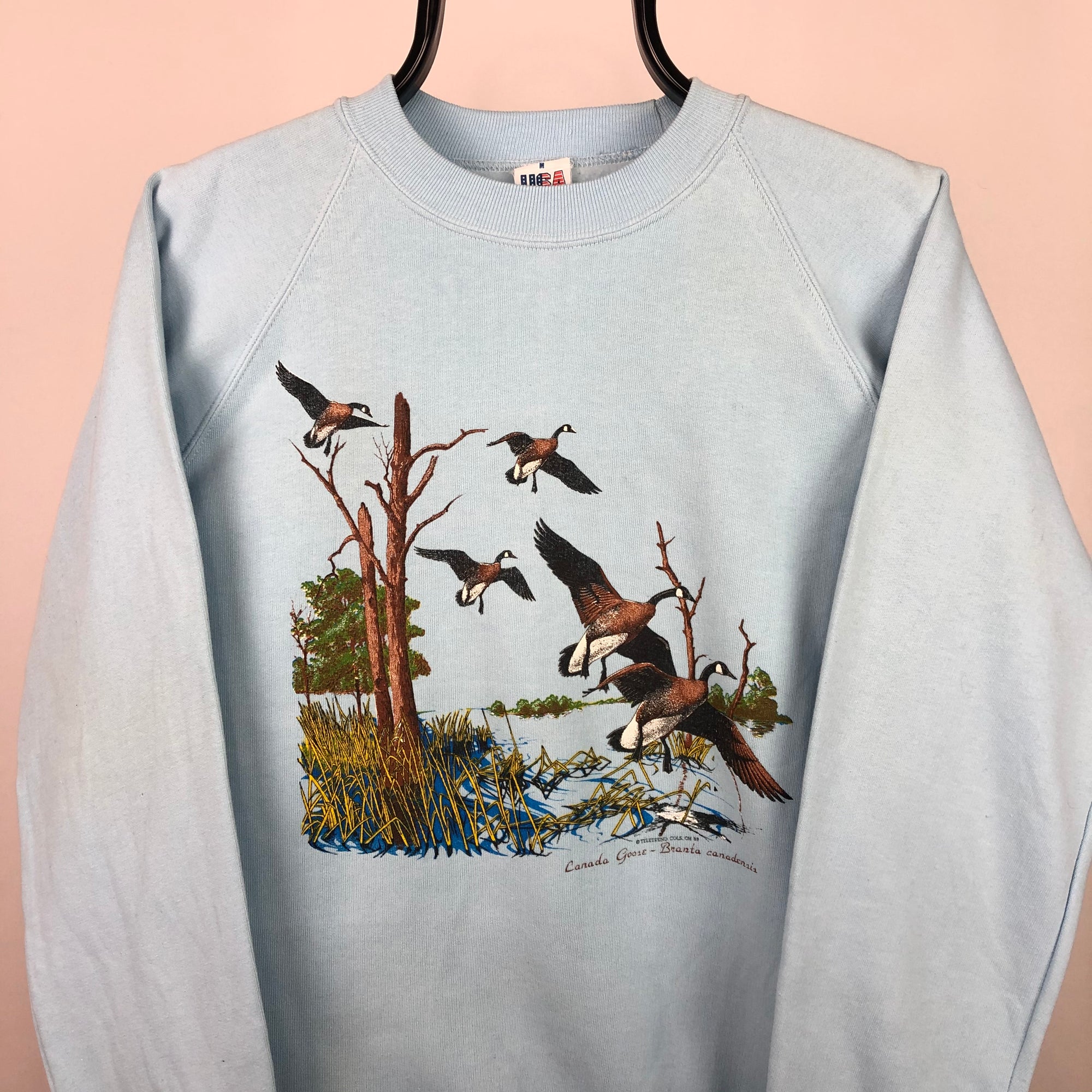 Vintage Geese Print Sweatshirt in Baby Blue - Men's Small/Women's Medium
