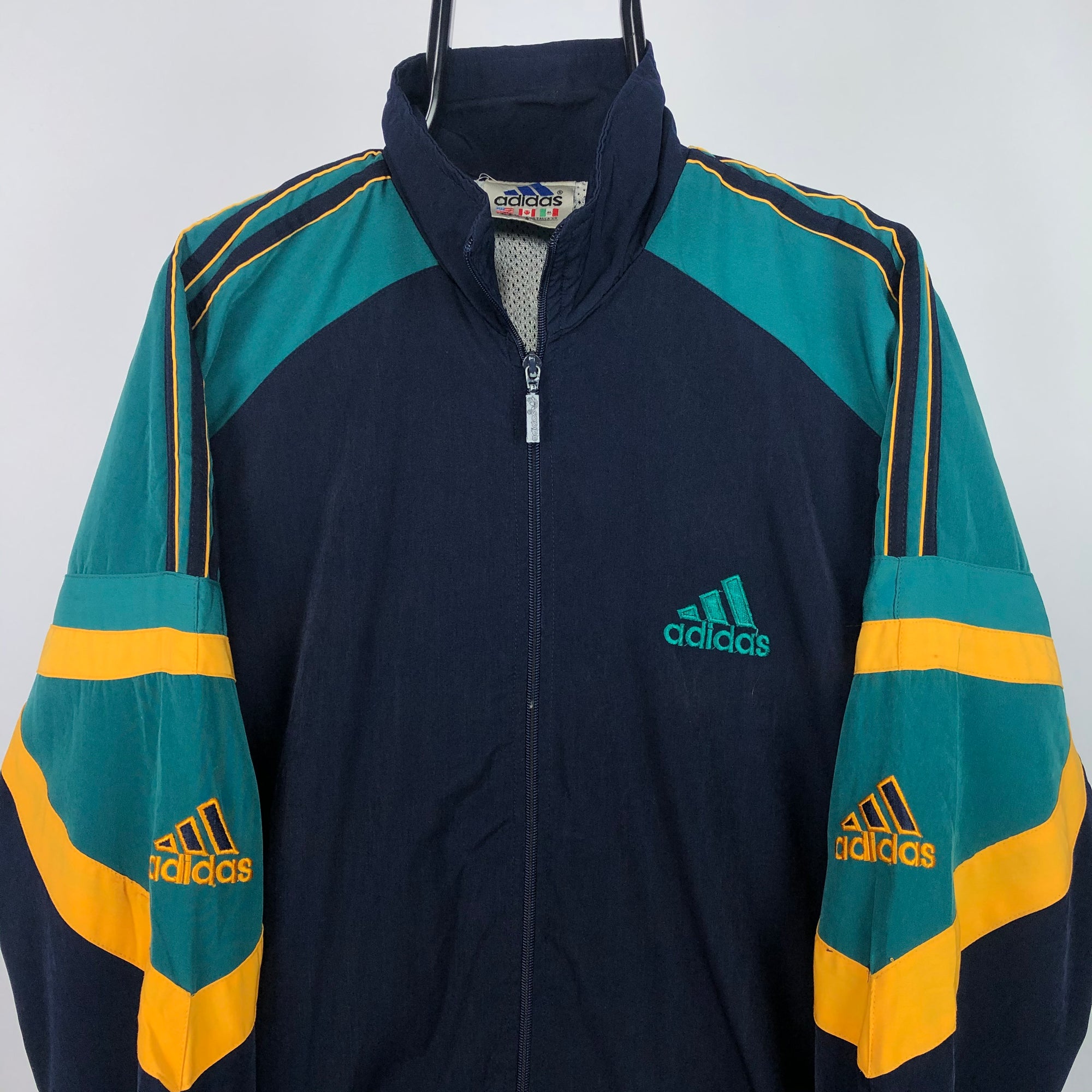 Vintage 90 Adidas Track Jacket in Navy/Green/Yellow - Men's Large/Women's XL