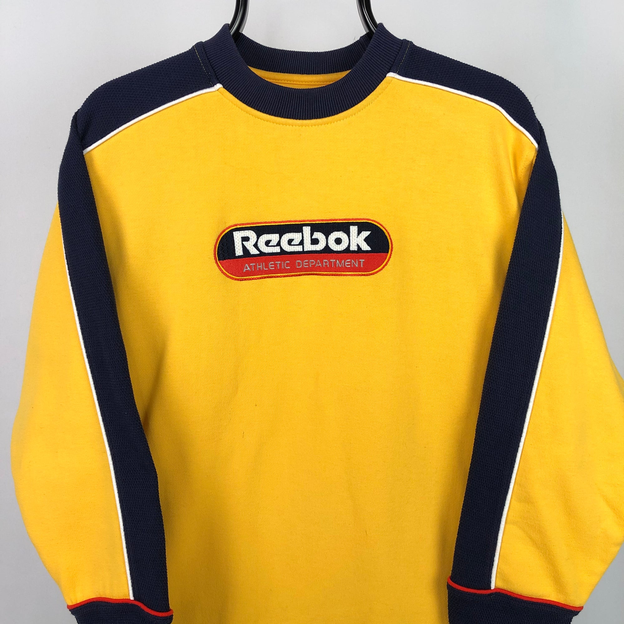 Vintage 90s Reebok Spellout Sweatshirt in Yellow/Navy - Men's Small/Women's Medium
