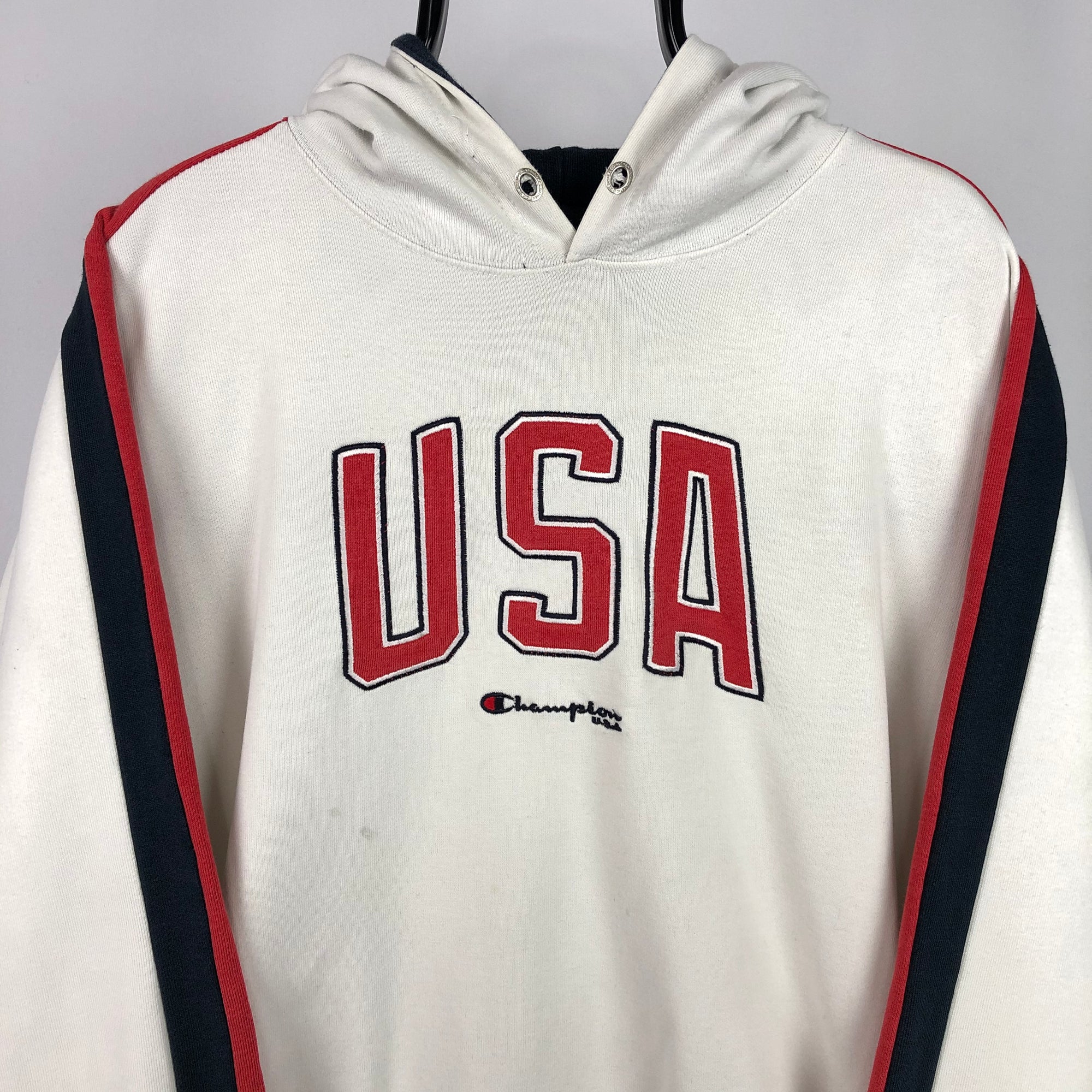Vintage Champion 'USA' Hoodie in White/Red/Navy - Men's Medium/Women's Large