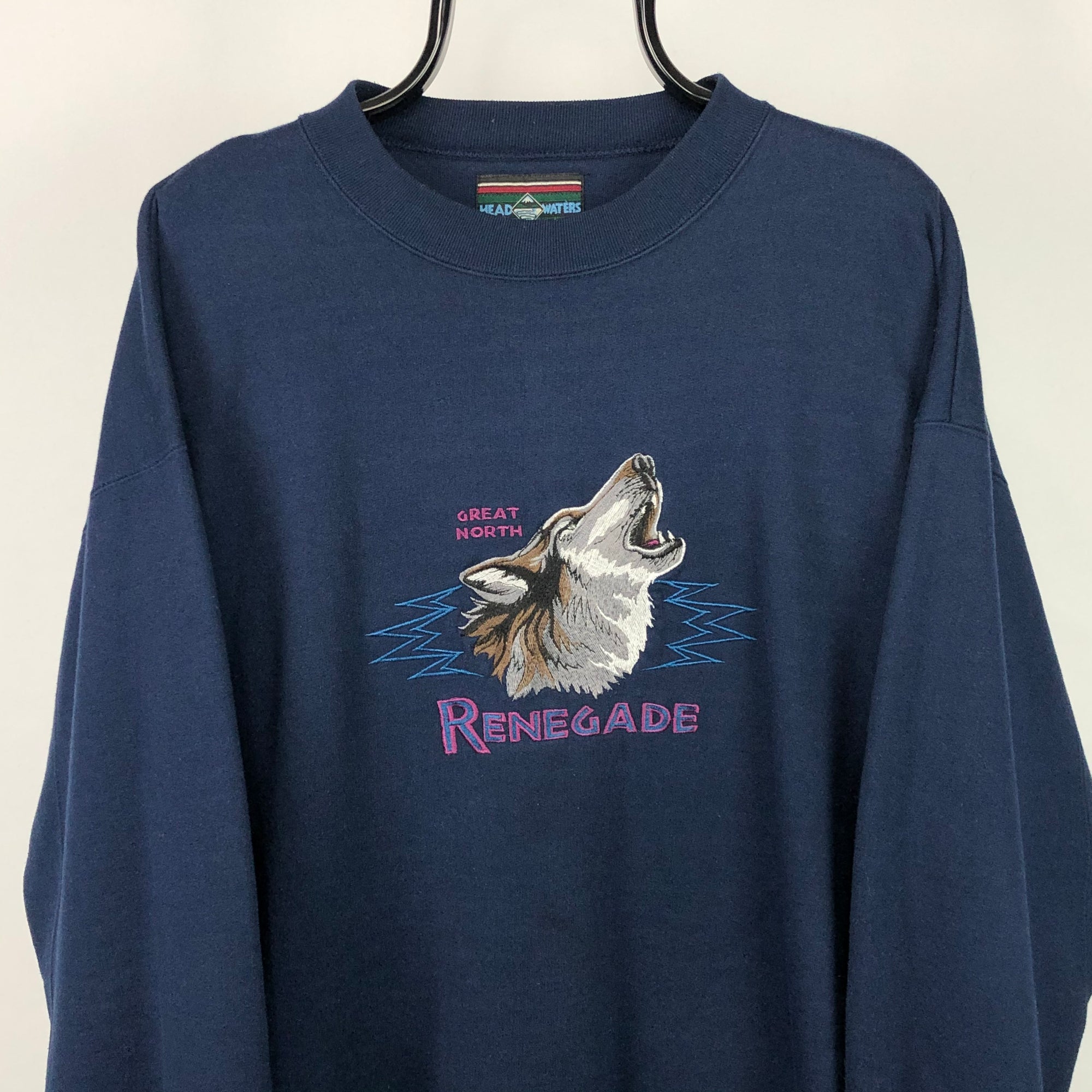 Vintage 90s Renegade Wolf Embroidery Sweatshirt in Navy - Men's XL/Women's XXL