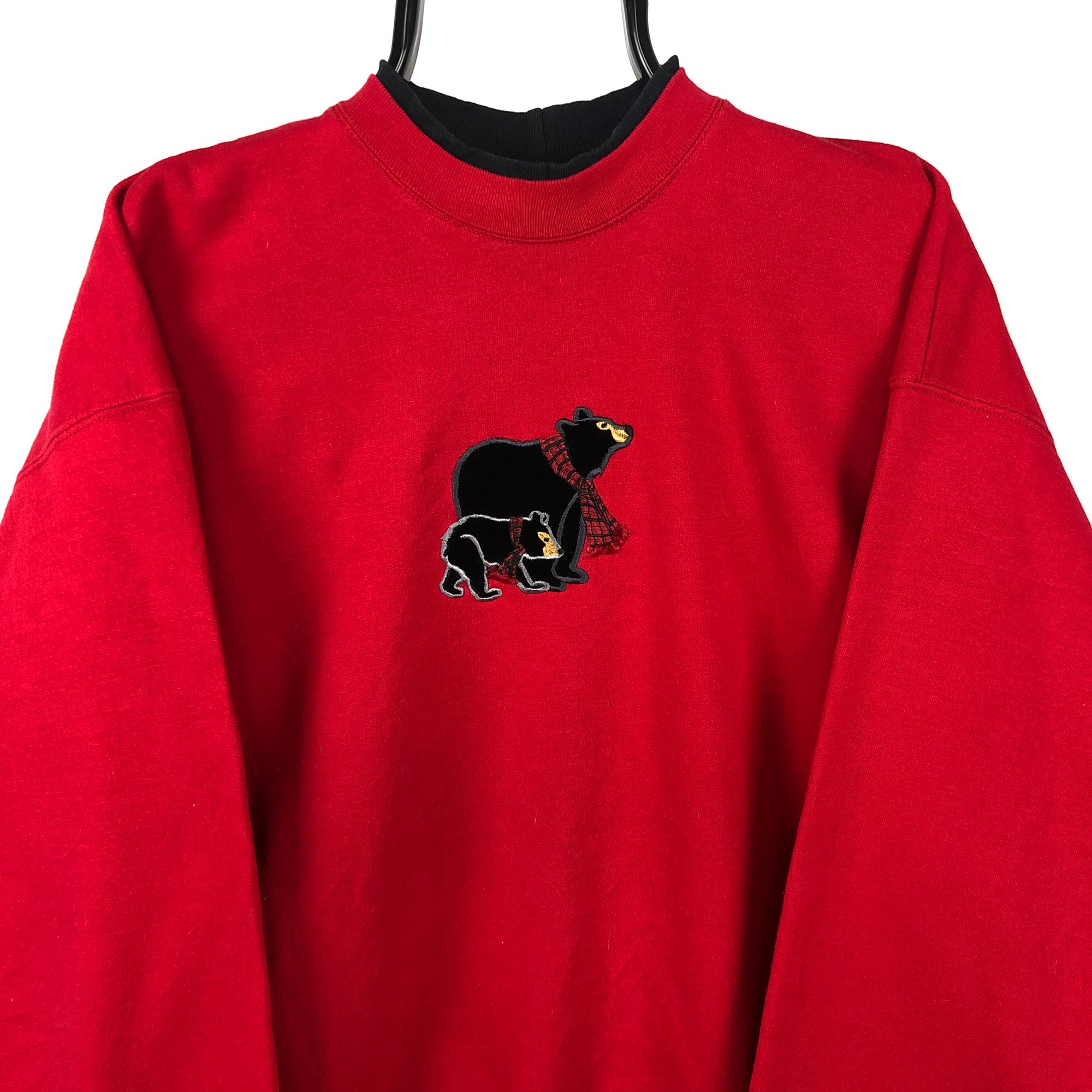 Vintage 90s Bear Embroidery Sweatshirt in Red - Men's Medium/Women's Large