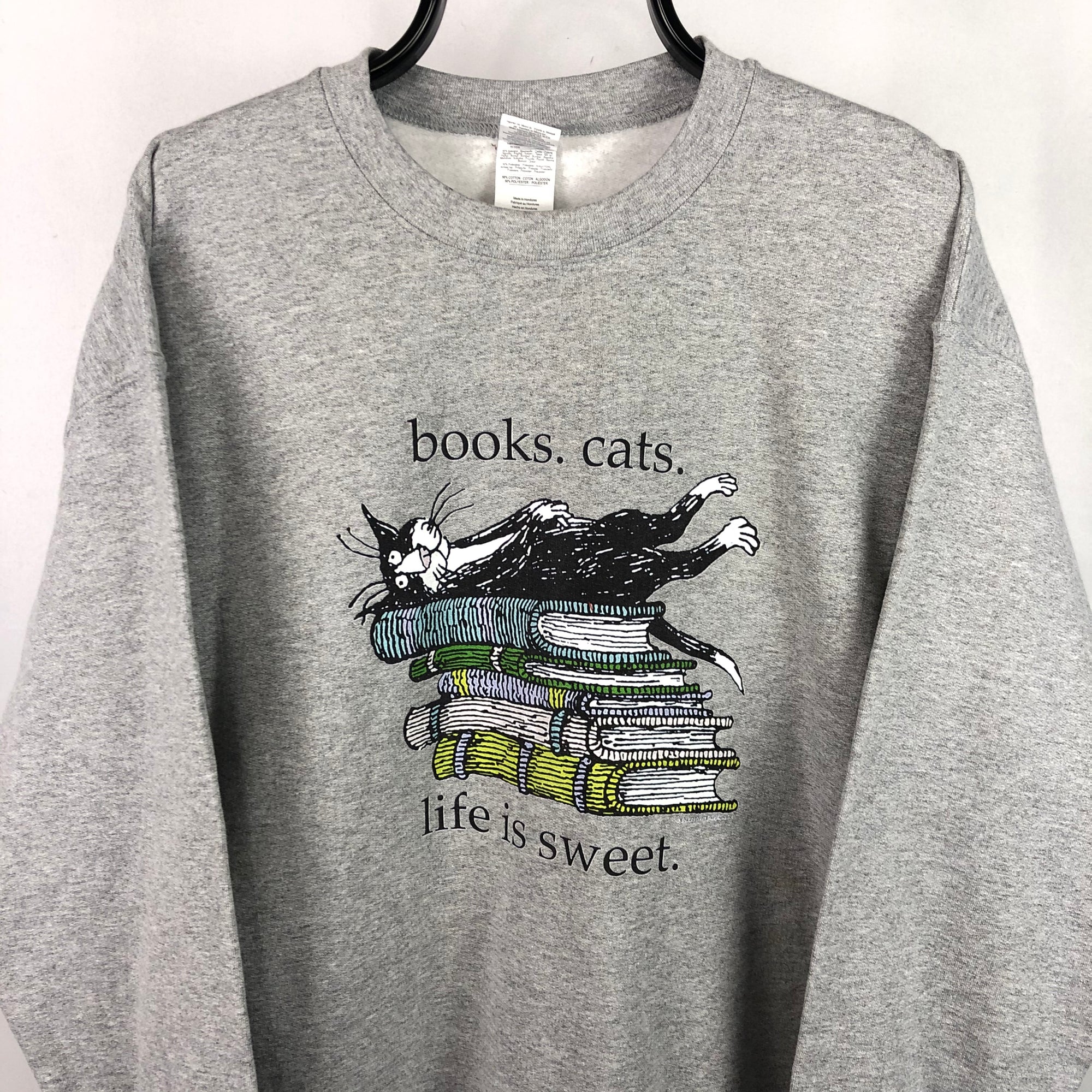Vintage Books & Cats Sweatshirt in Grey - Men's Medium/Women's Large