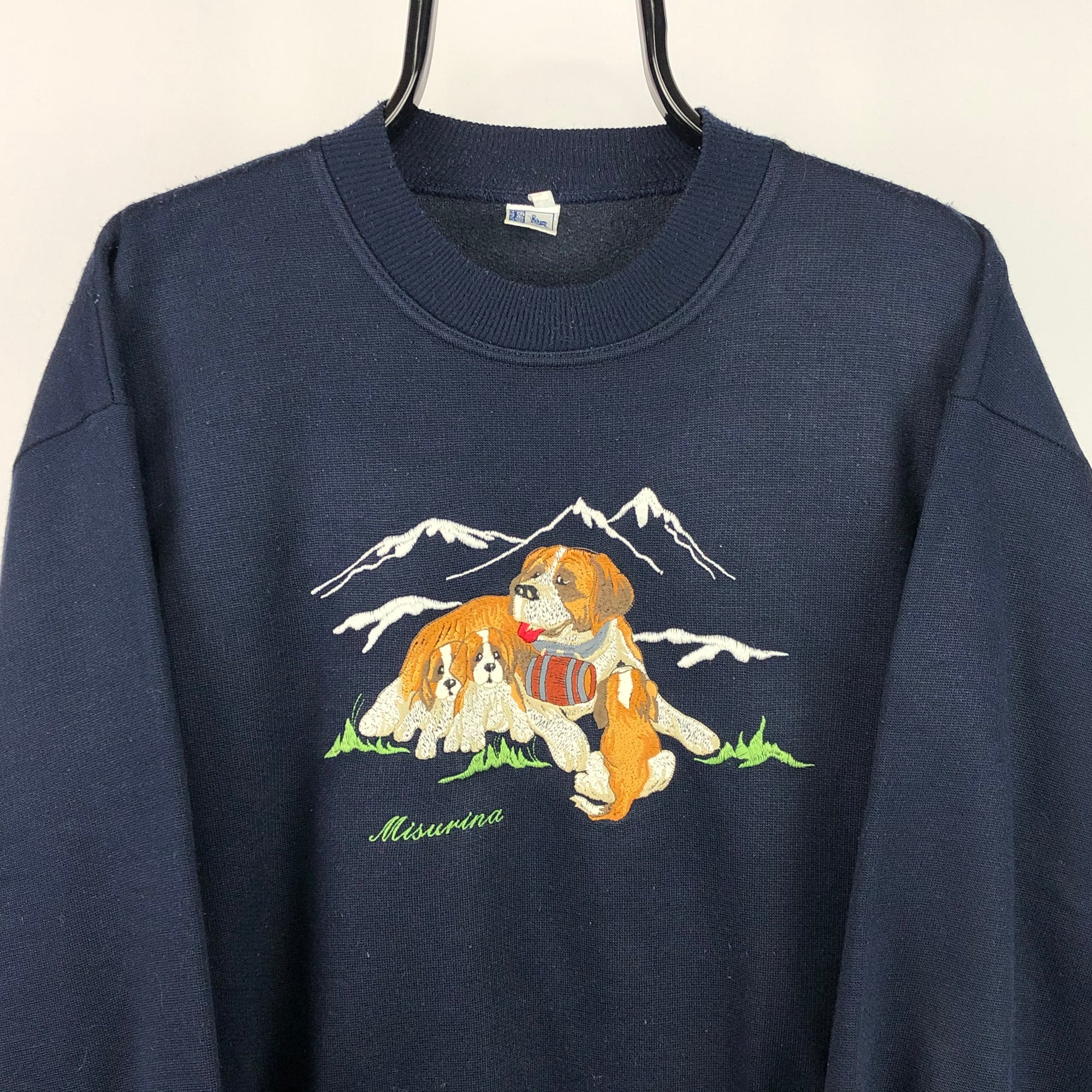 Vintage 90s Dog Embroidery Sweatshirt in Navy - Men's Medium/Women's Large