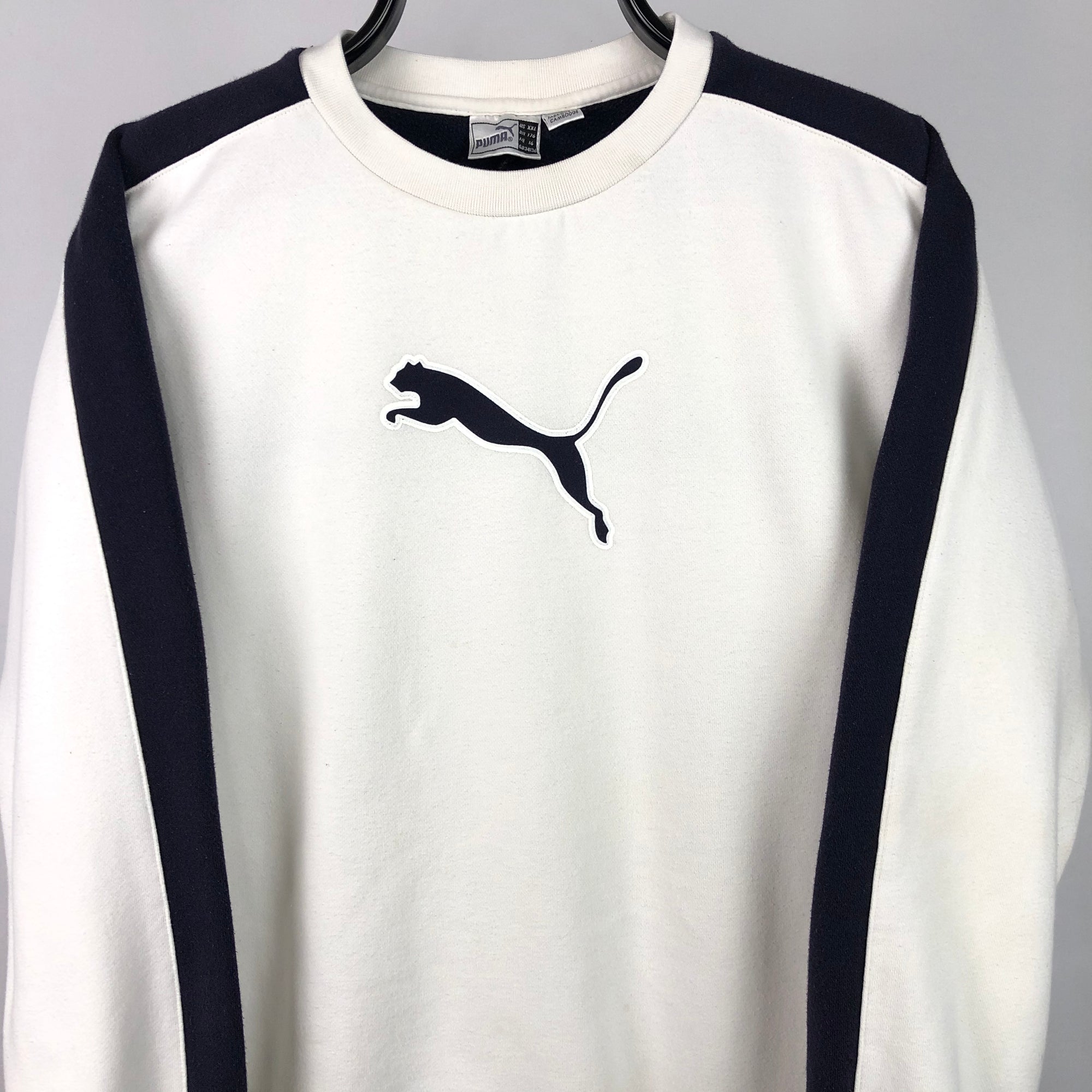 Vintage Puma Big Logo Sweatshirt in White/Navy - Men's Medium/Women's Large