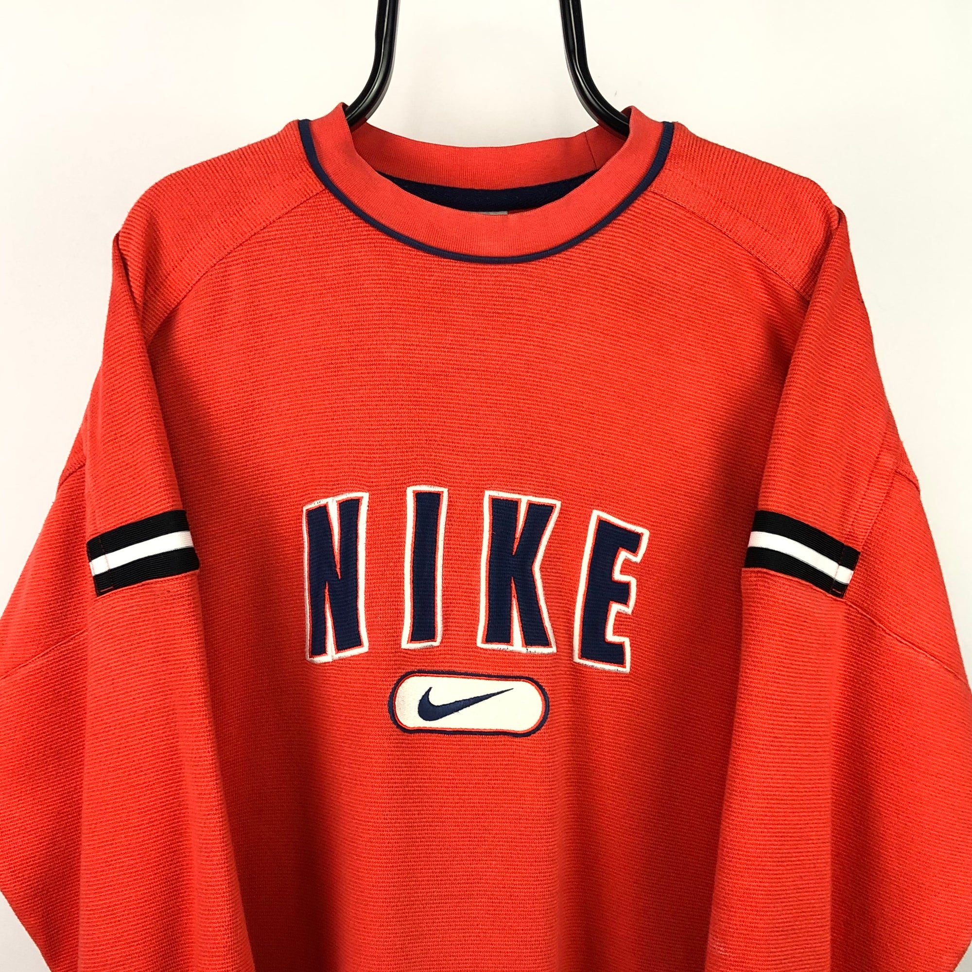 Vintage 90s Nike Spellout Sweatshirt in Orange/Navy - Men's Large/Women's XL