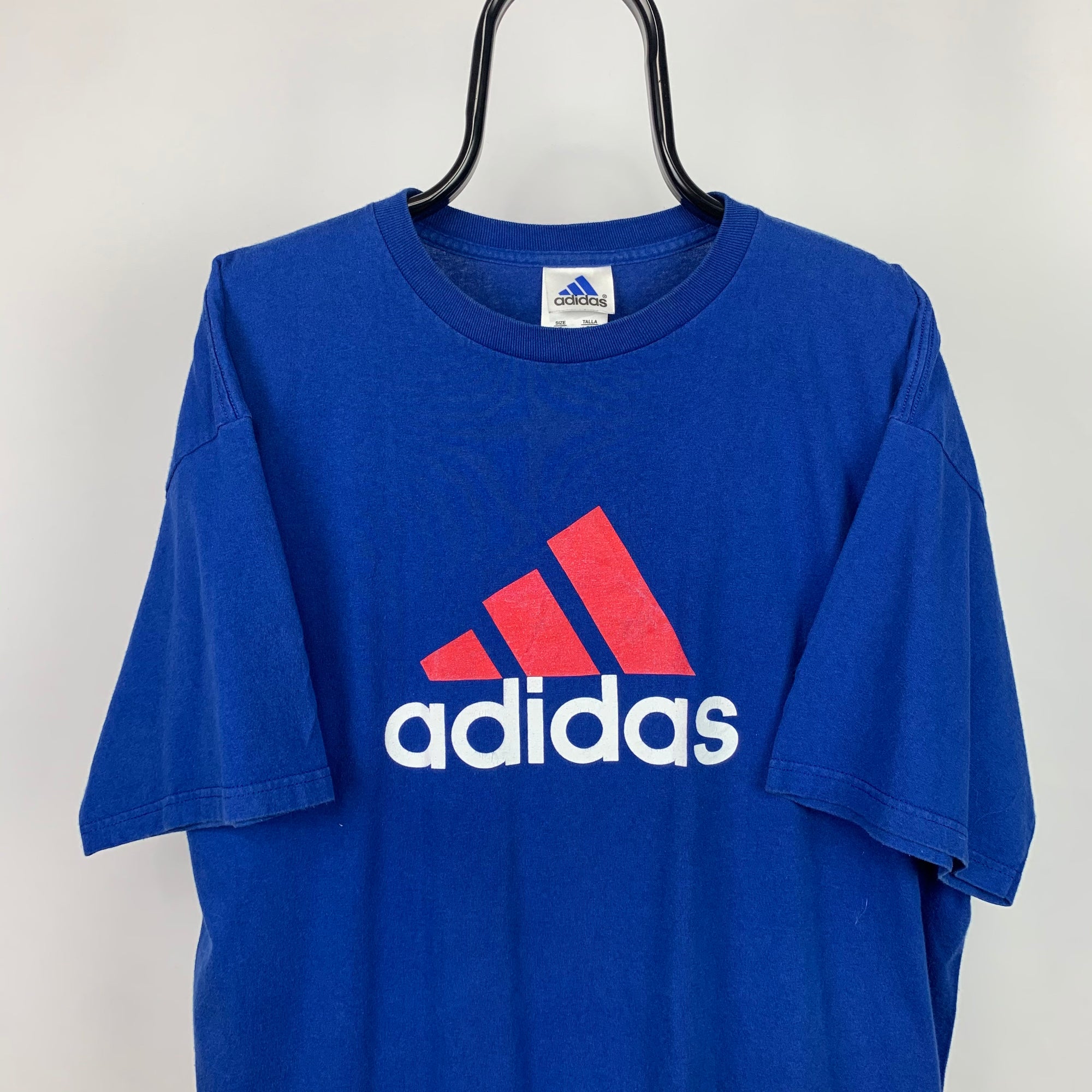 Vintage Adidas Spellout Tee in Blue/Red - Men's Large/Women's XL
