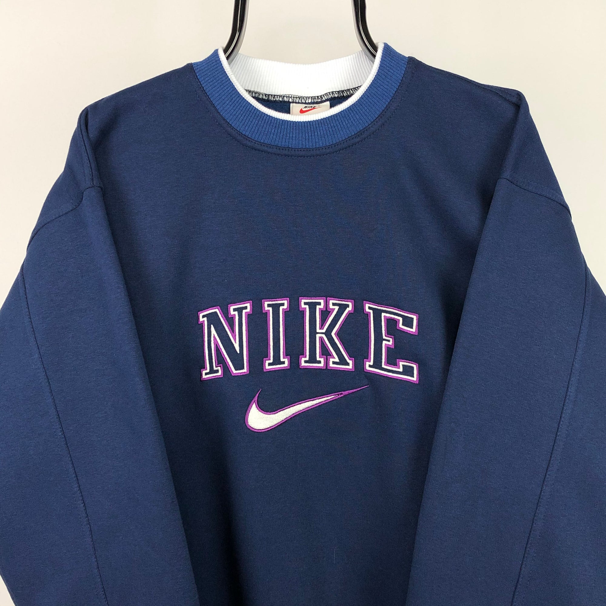 Vintage Nike Spellout Sweatshirt in Navy/Purple - Men's Medium/Women's Large