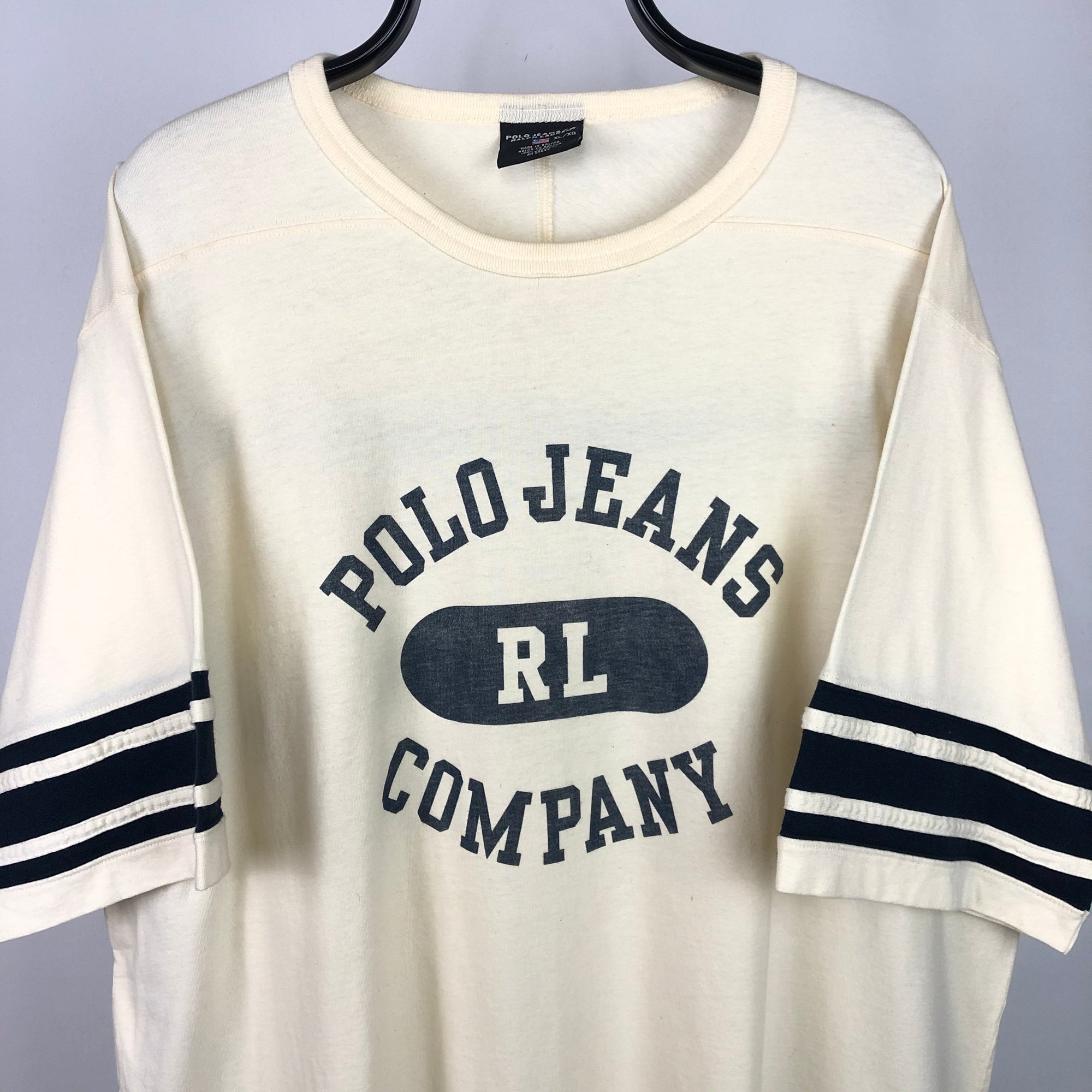 Vintage Polo Jeans Oversized Tee in Beige/Navy - Men's XXL/Women's XXXL