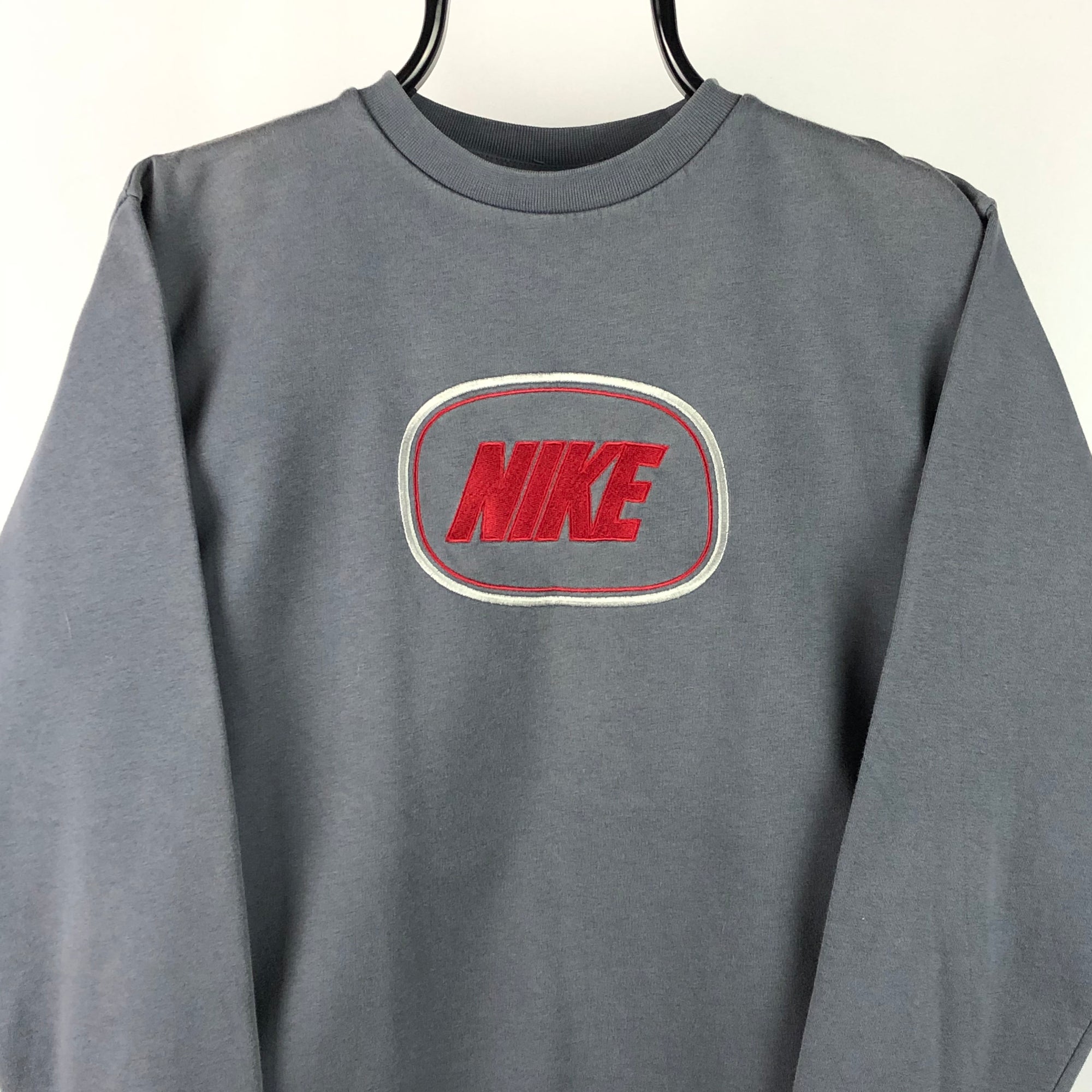 Vintage Nike Spellout Sweatshirt in Dark Stone/Red - Men's Small/Women's Medium