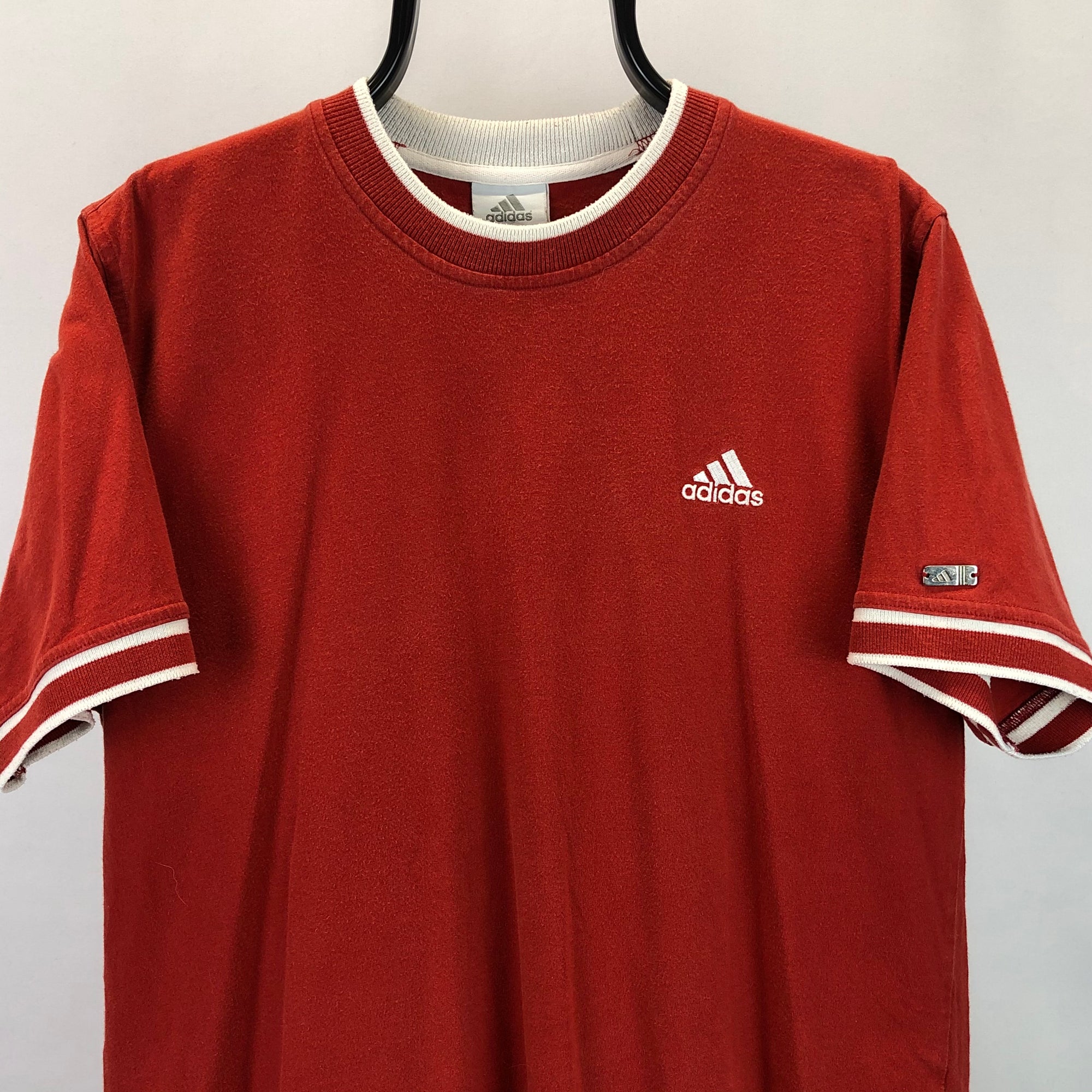 Adidas Embroidered Small Logo Tee in Burnt Red - Men's Medium/Women's Large
