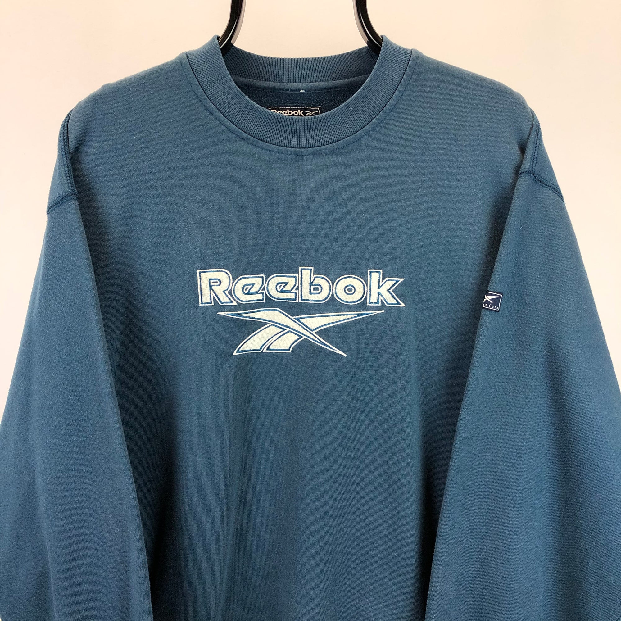 Vintage 90s Reebok Spellout Sweatshirt in Petrol Blue - Men's Medium/Women's Large