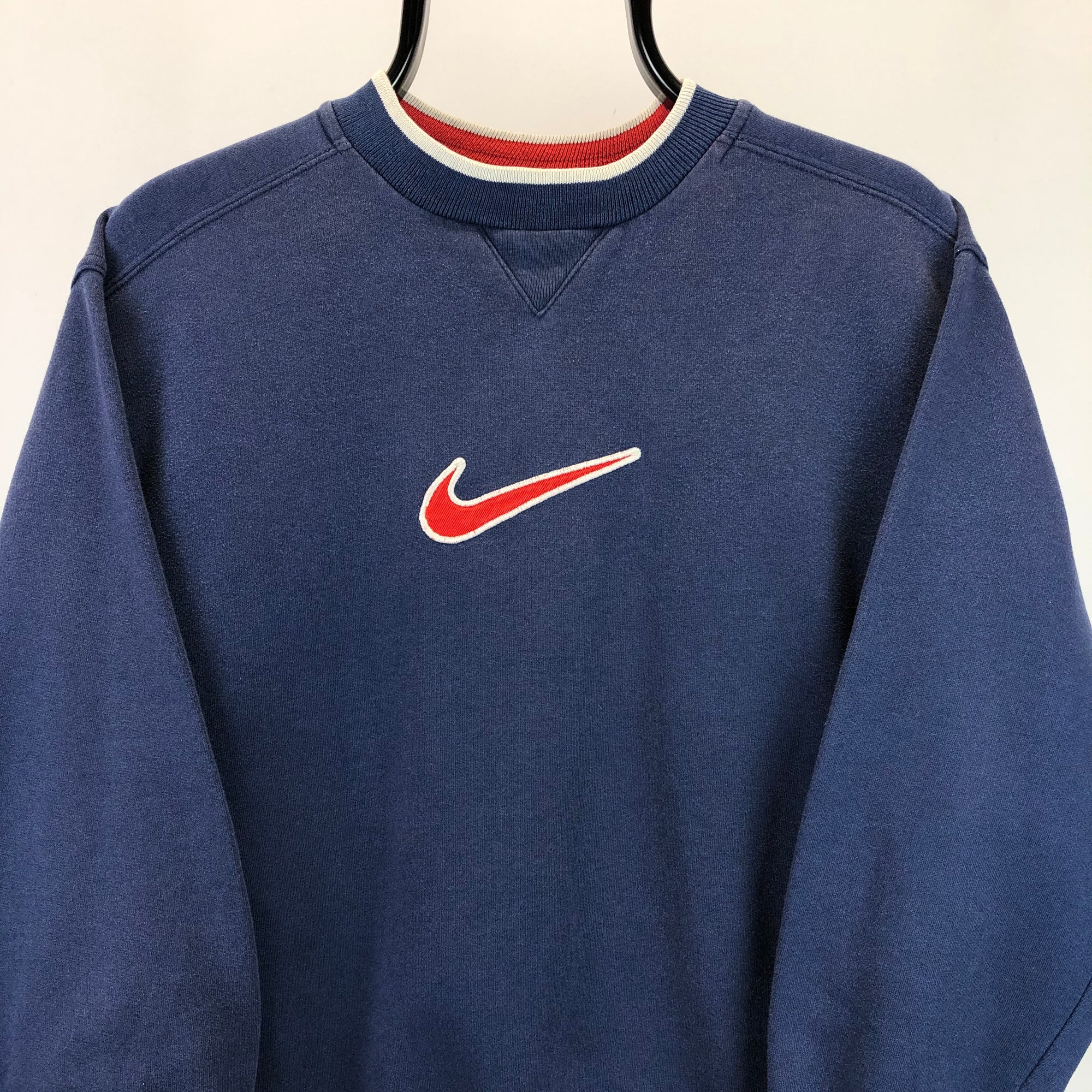 Vintage 90s Nike Embroidered Centre Swoosh Sweatshirt in Navy/Red - Men's Small/Women's Medium