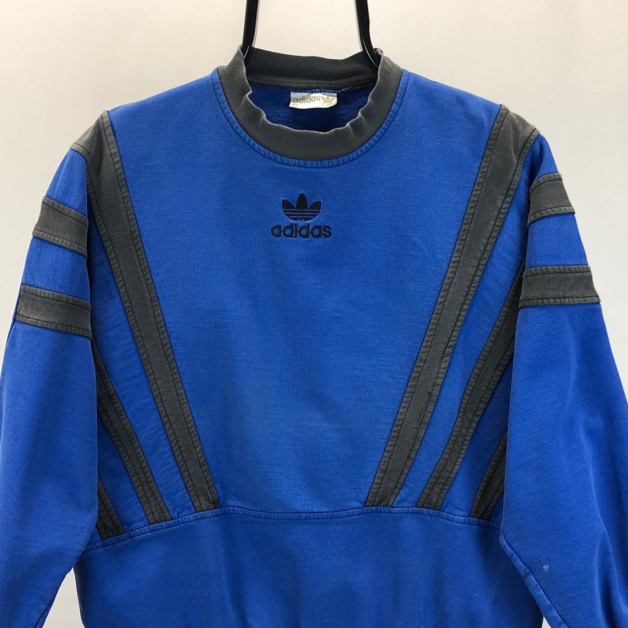 Vintage 80s Adidas Centre Logo Sweatshirt in Washed Blue/Black - Men's Small/Women's Medium