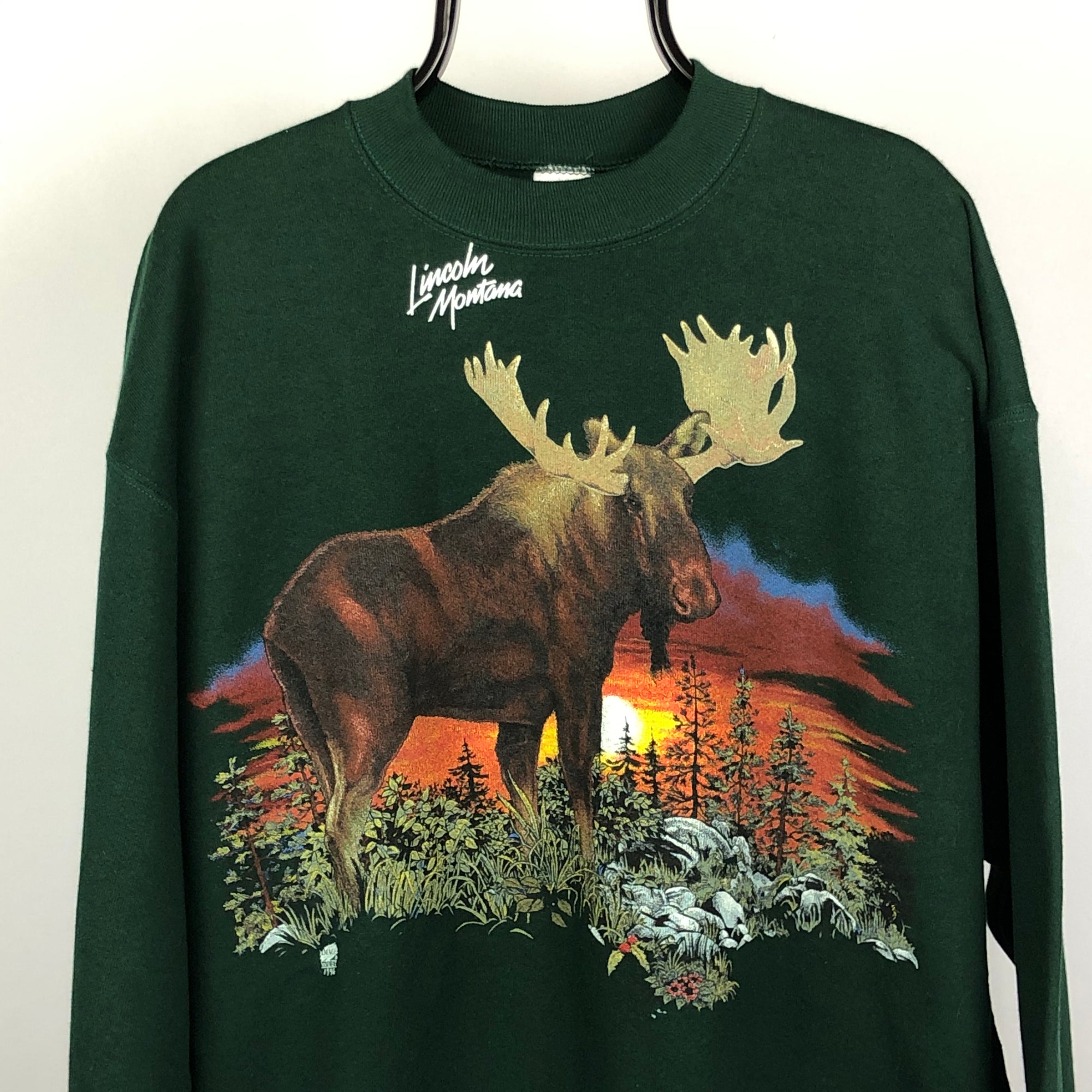 Vintage Moose Print Sweatshirt in Green - Men's XL/Women's XXL