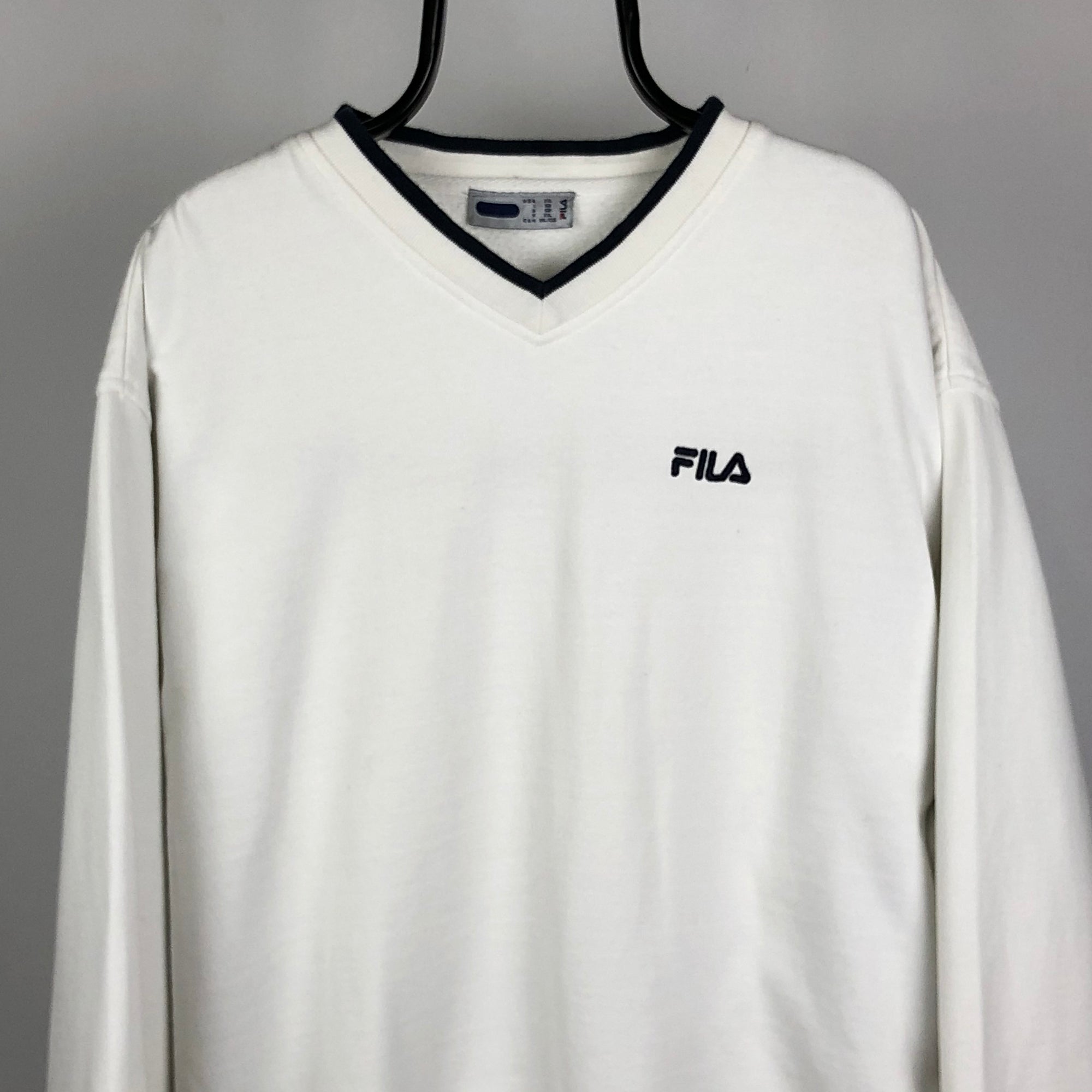 Vintage Fila Embroidered Small Spellout Sweatshirt in White/Navy - Men's XL/Women's XXL