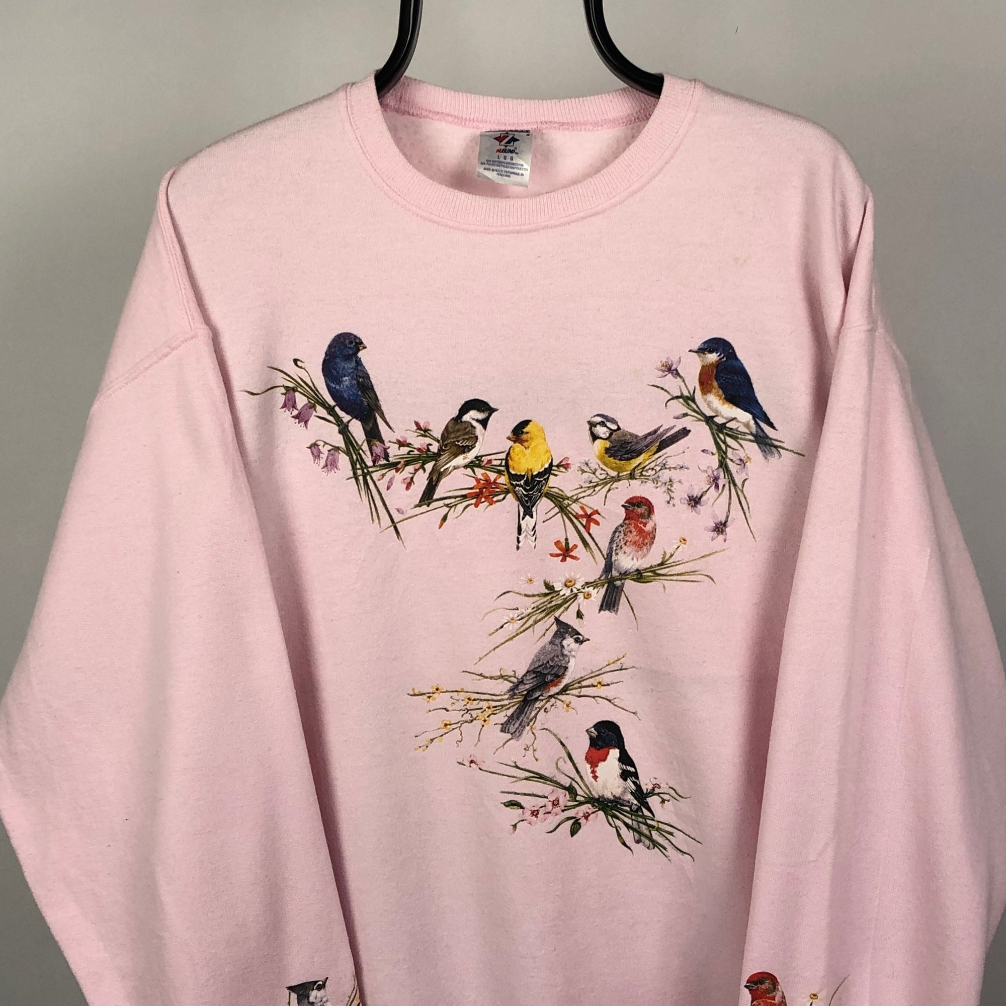 Vintage Wild Bird Print Sweatshirt in Pink - Men's Large/Women's XL