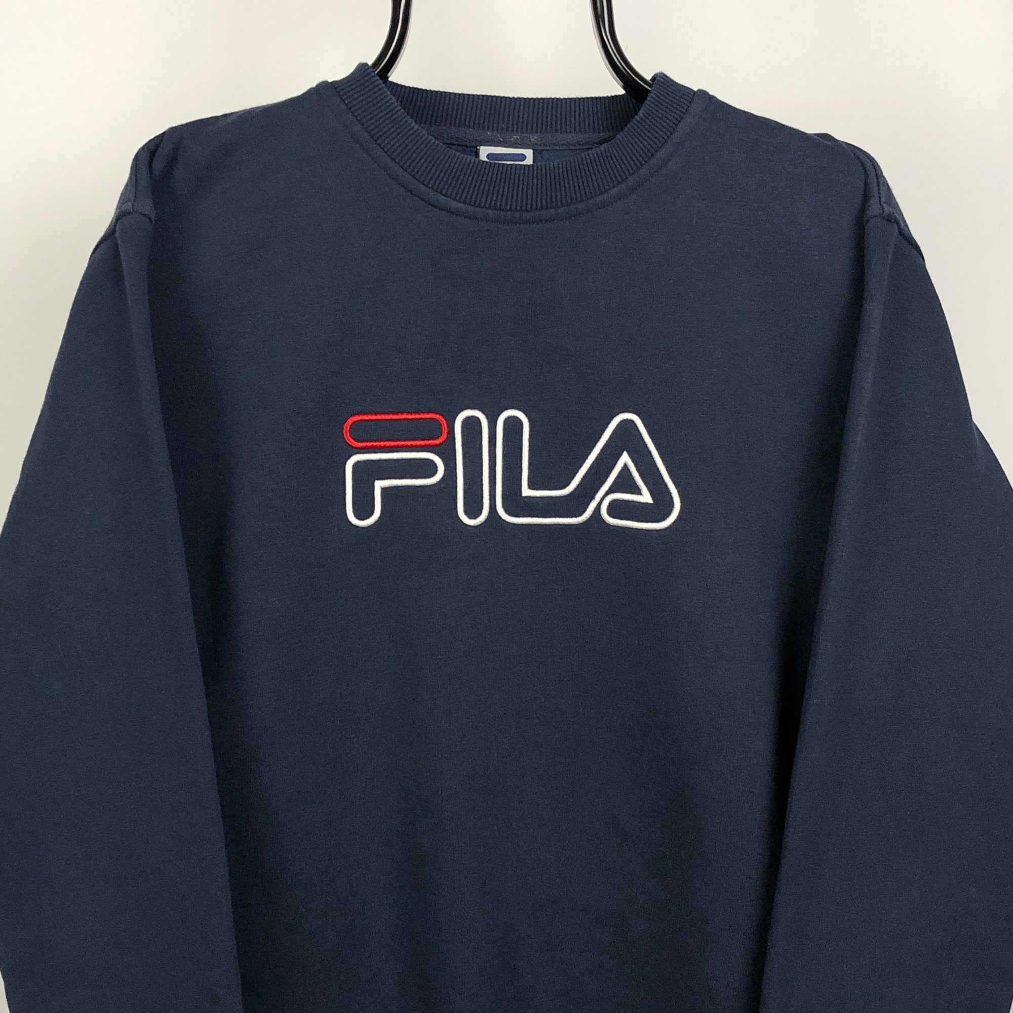 Vintage Fila Spellout Sweatshirt in Navy - Men's Medium/Women's Large