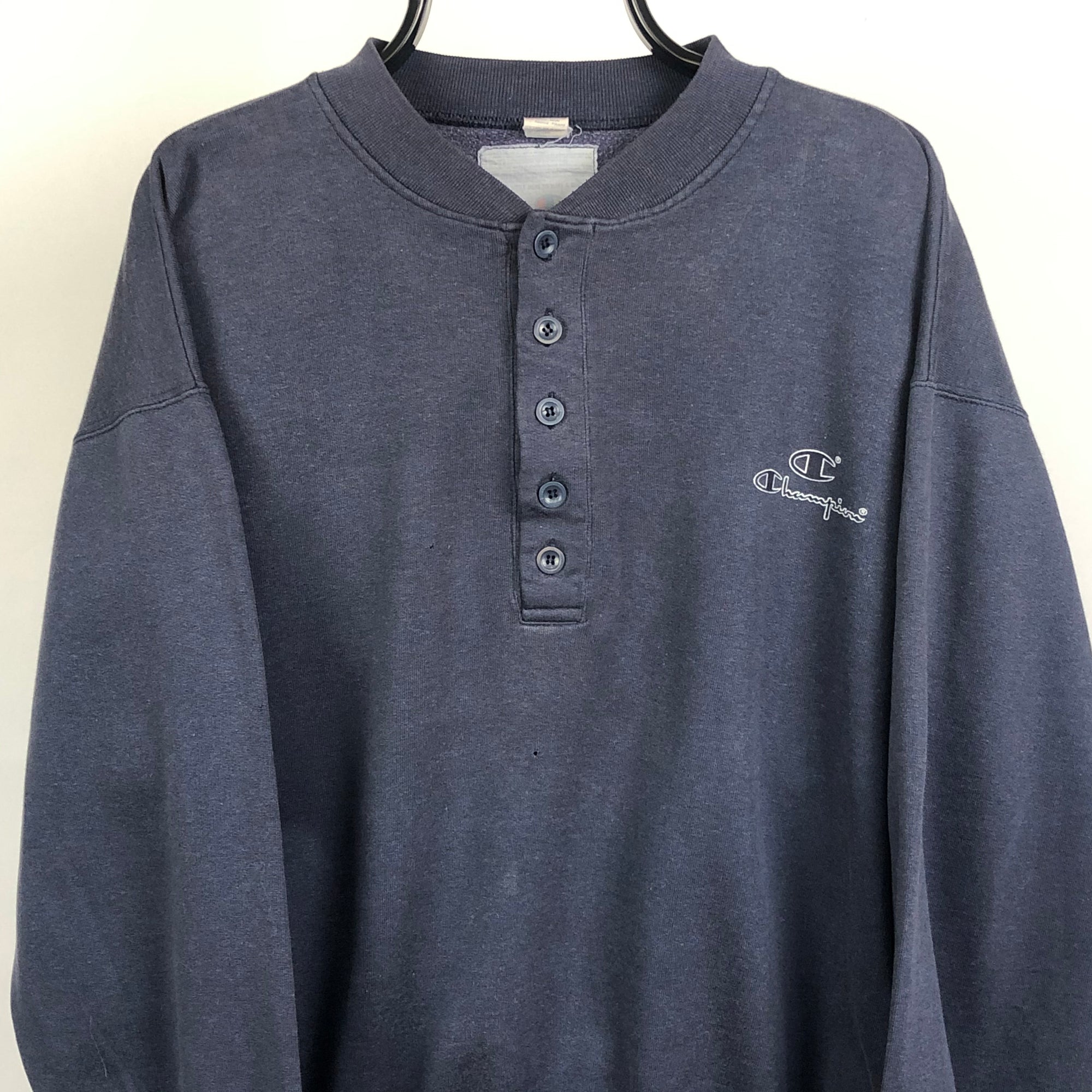 Vintage Champion Button Up Sweatshirt in Navy - Men's Large/Women's XL