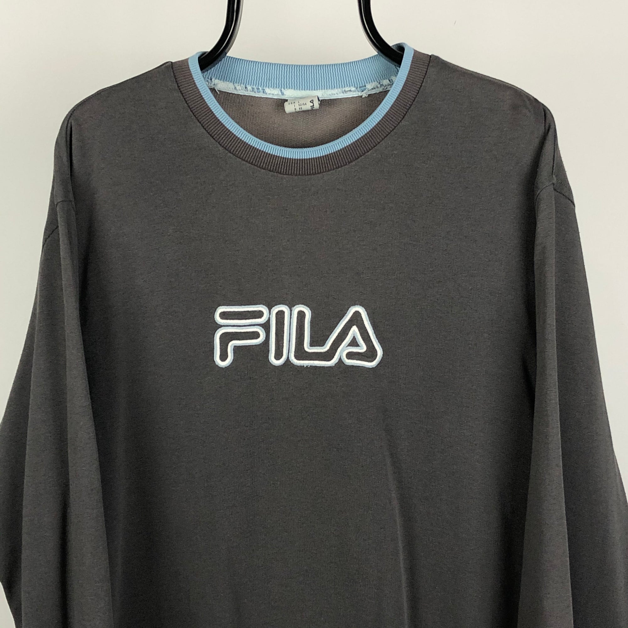 Vintage Fila Spellout Sweatshirt in Charcoal/Blue - Men's Large/Women's XL