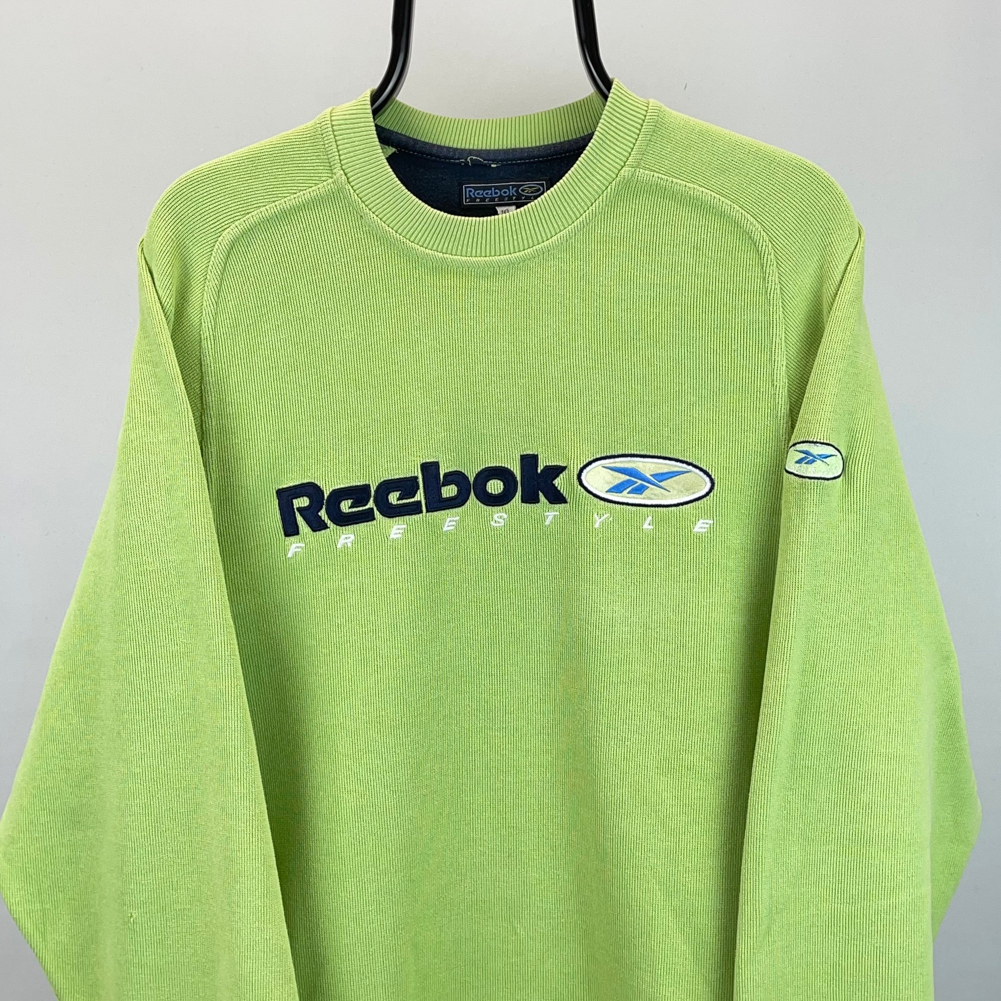 Vintage 90s Reebok Spellout Sweatshirt in Lime Green - Men's Small/Women's Medium