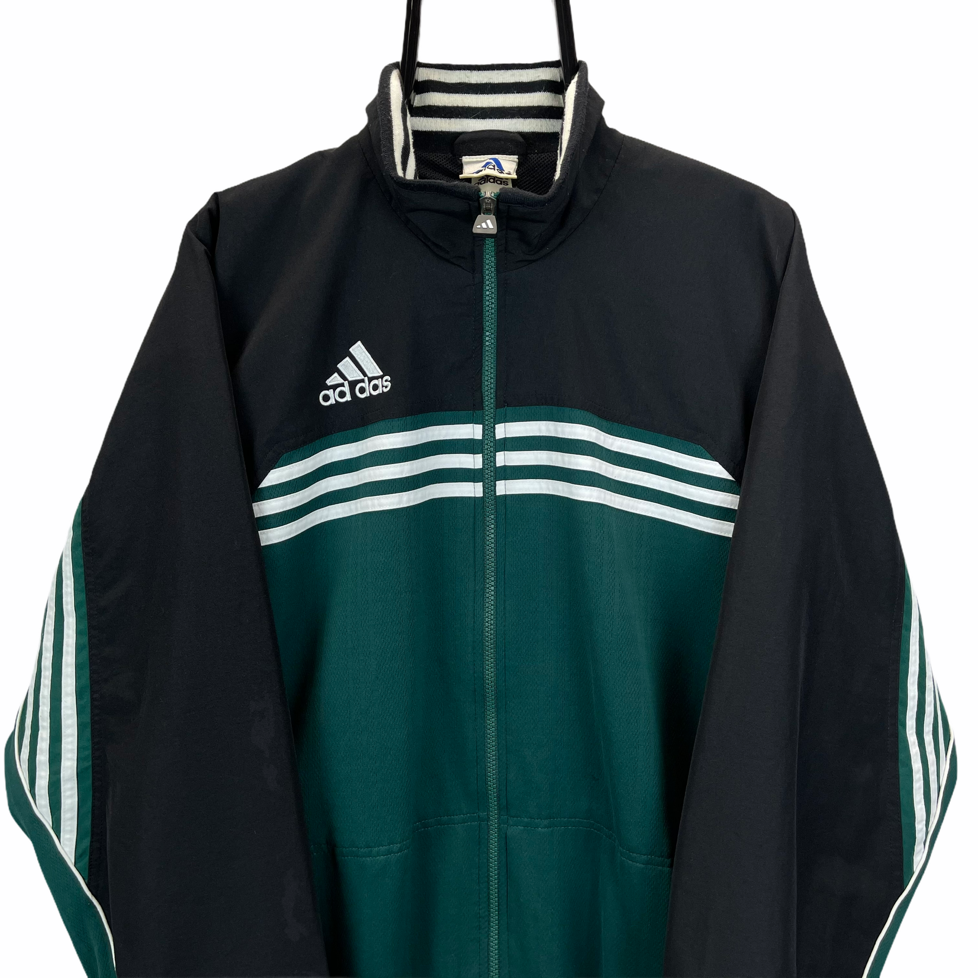VINTAGE 90S ADIDAS TRACK JACKET IN GREEN, BLACK & WHITE - MEN'S XL/WOMEN'S XXL