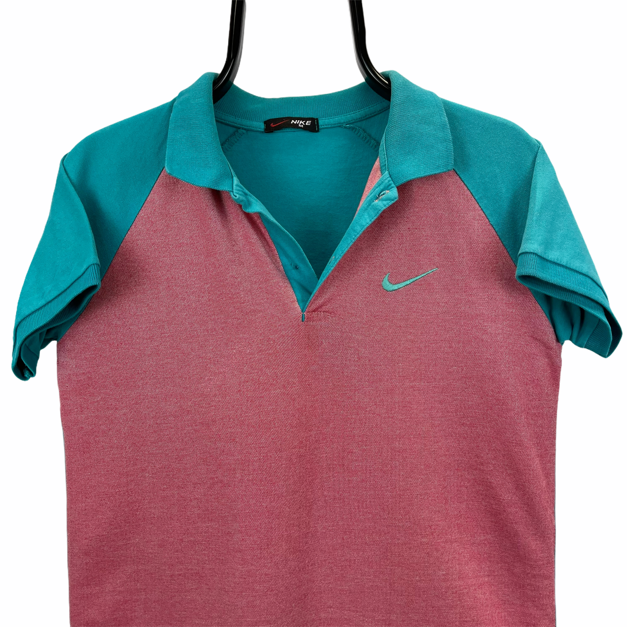 VINTAGE 90S NIKE EMBROIDERED SMALL SWOOSH POLO SHIRT IN RED & TURQUOISE - MEN'S SMALL/WOMEN'S MEDIUM