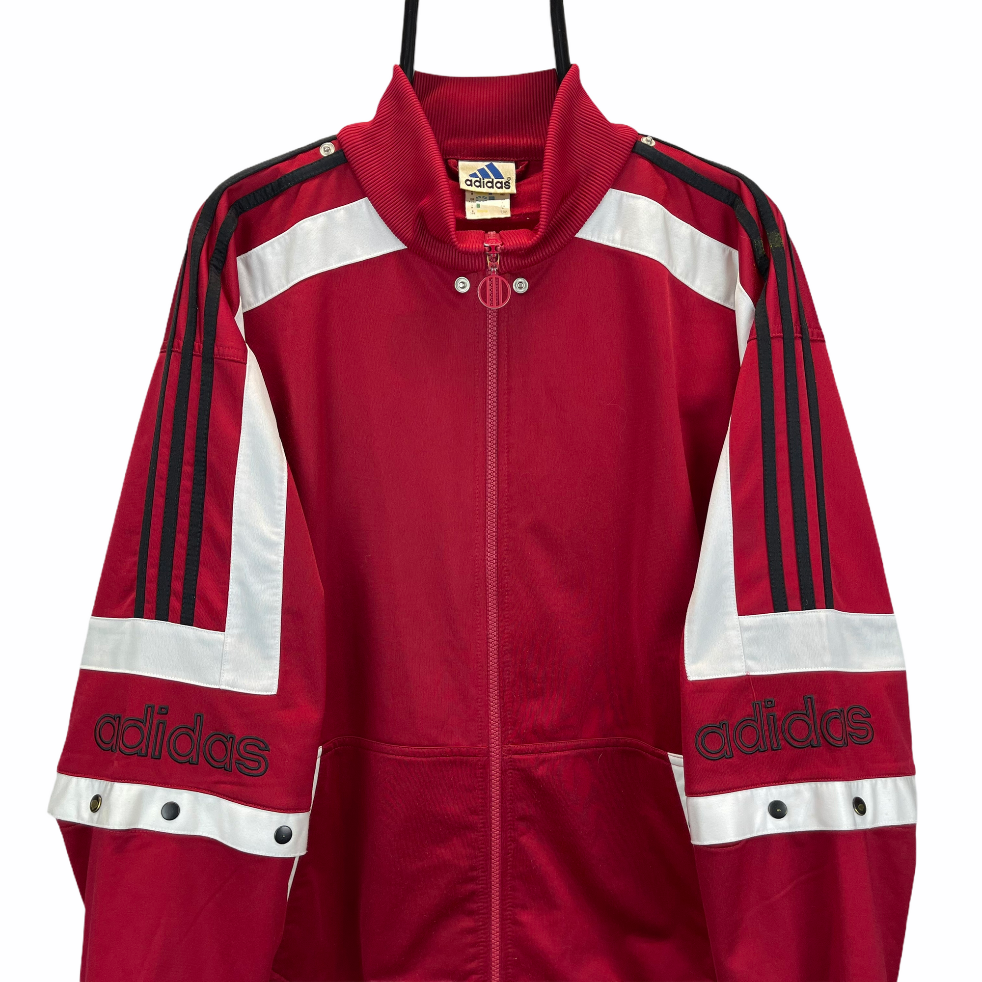 VINTAGE 90S ADIDAS SPELLOUT TRACK JACKET IN RED, WHITE & BLACK - MEN'S XL/WOMEN'S XXL