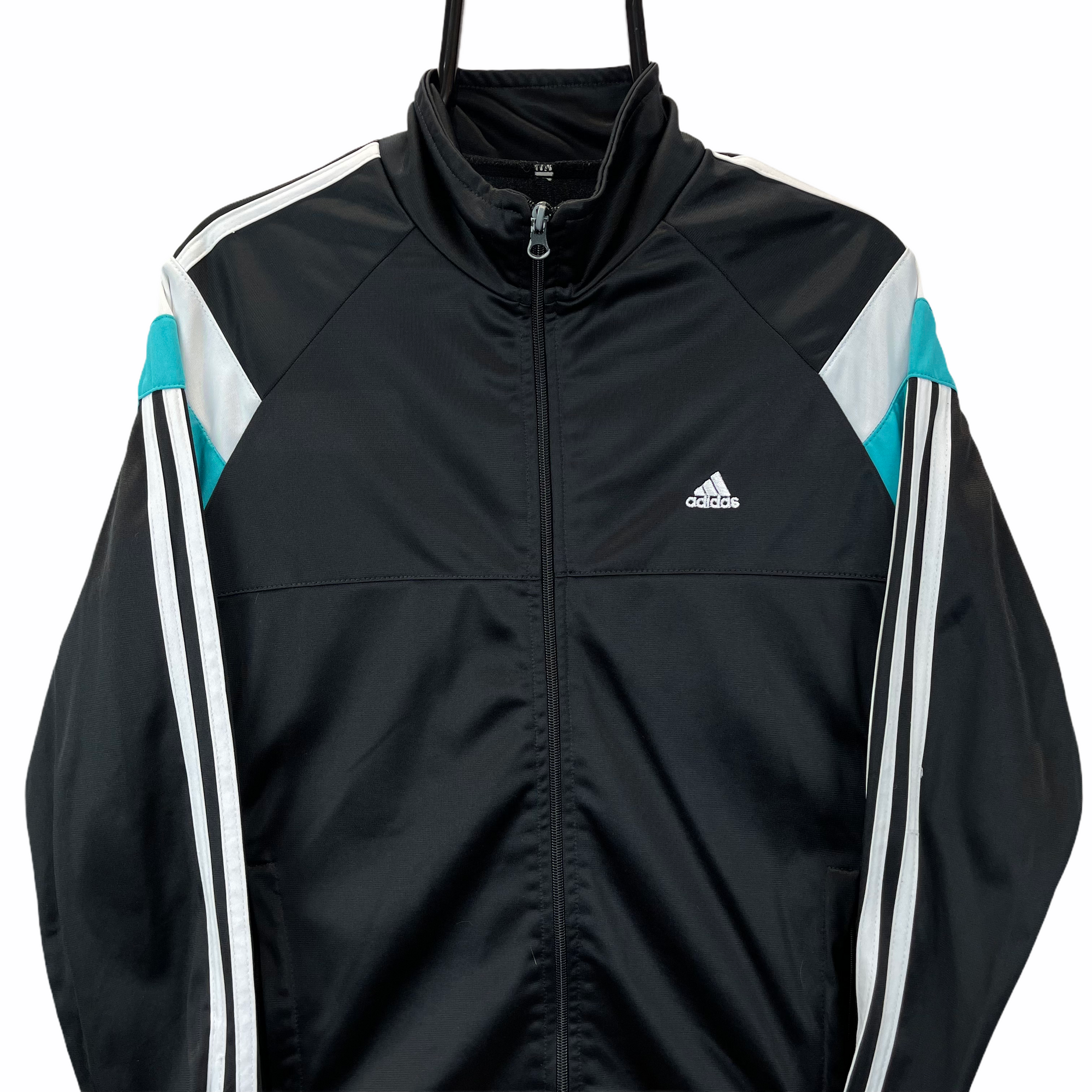 VINTAGE ADIDAS TRACK JACKET IN BLACK, WHITE & TURQUOISE - MEN'S SMALL/WOMEN'S MEDIUM