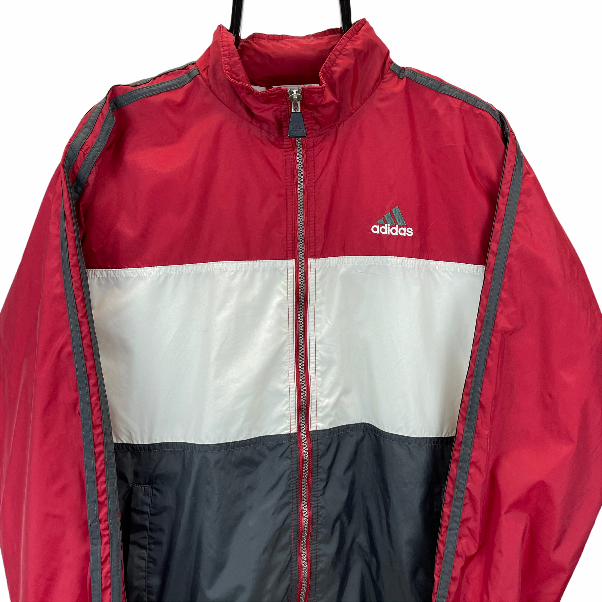 VINTAGE 90S ADIDAS WINDBREAKER IN RED, WHITE & CHARCOAL - MEN'S MEDIUM/WOMEN'S LARGE