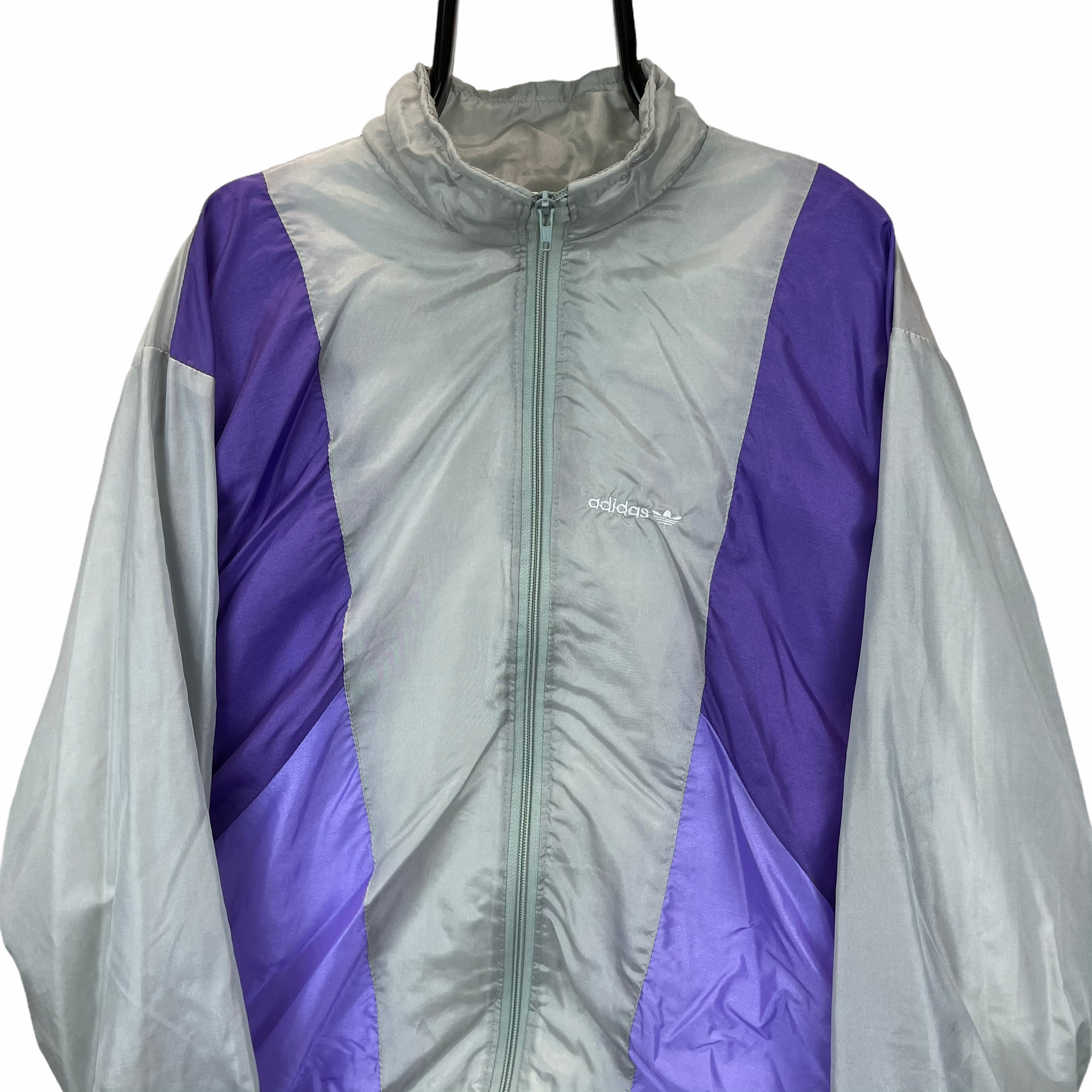 VINTAGE 80S ADIDAS TRACK JACKET IN SILVER & PURPLE - MEN'S LARGE/WOMEN'S XL