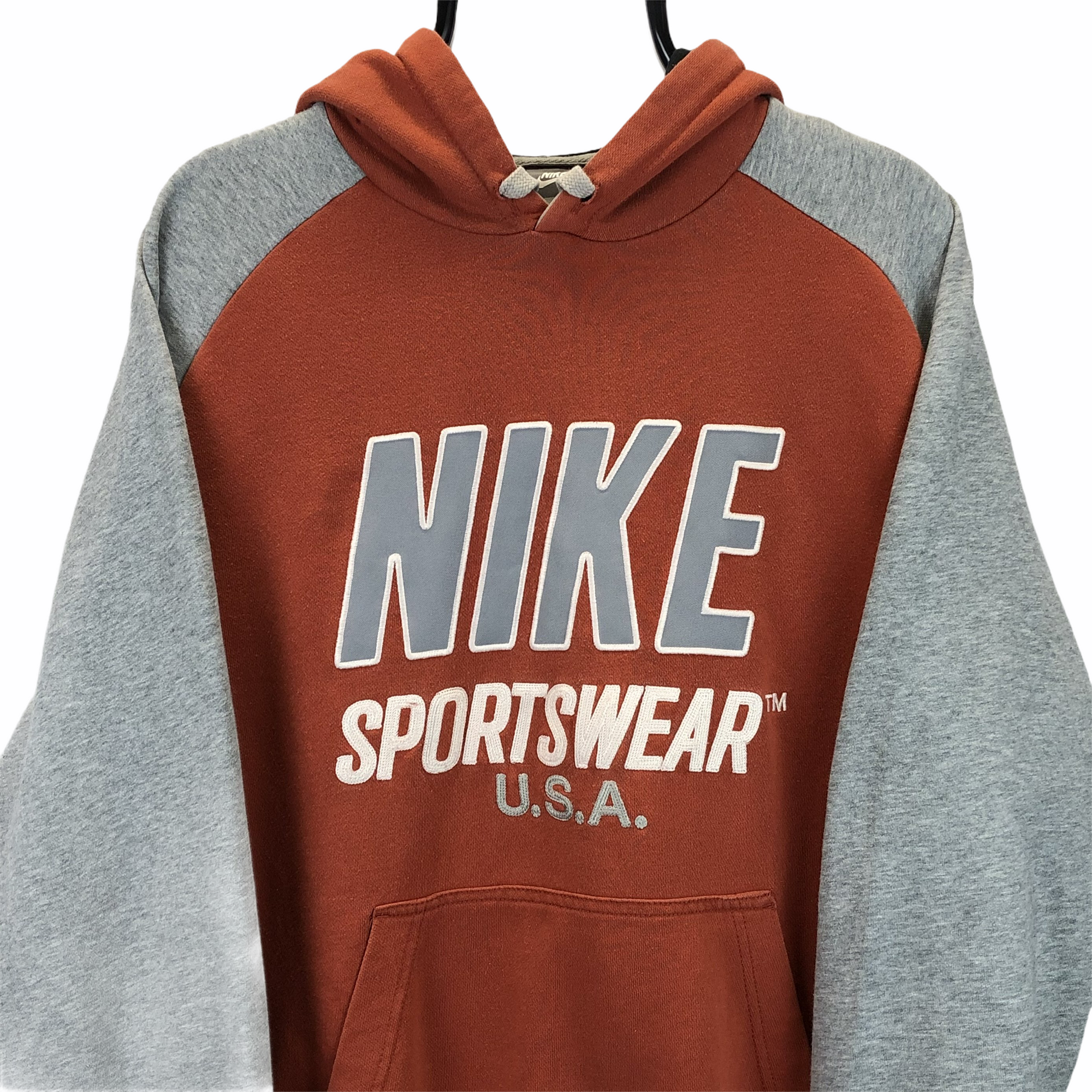 Vintage Nike Spellout Hoodie in Burnt Orange/Grey - Men's Large/Women's XL