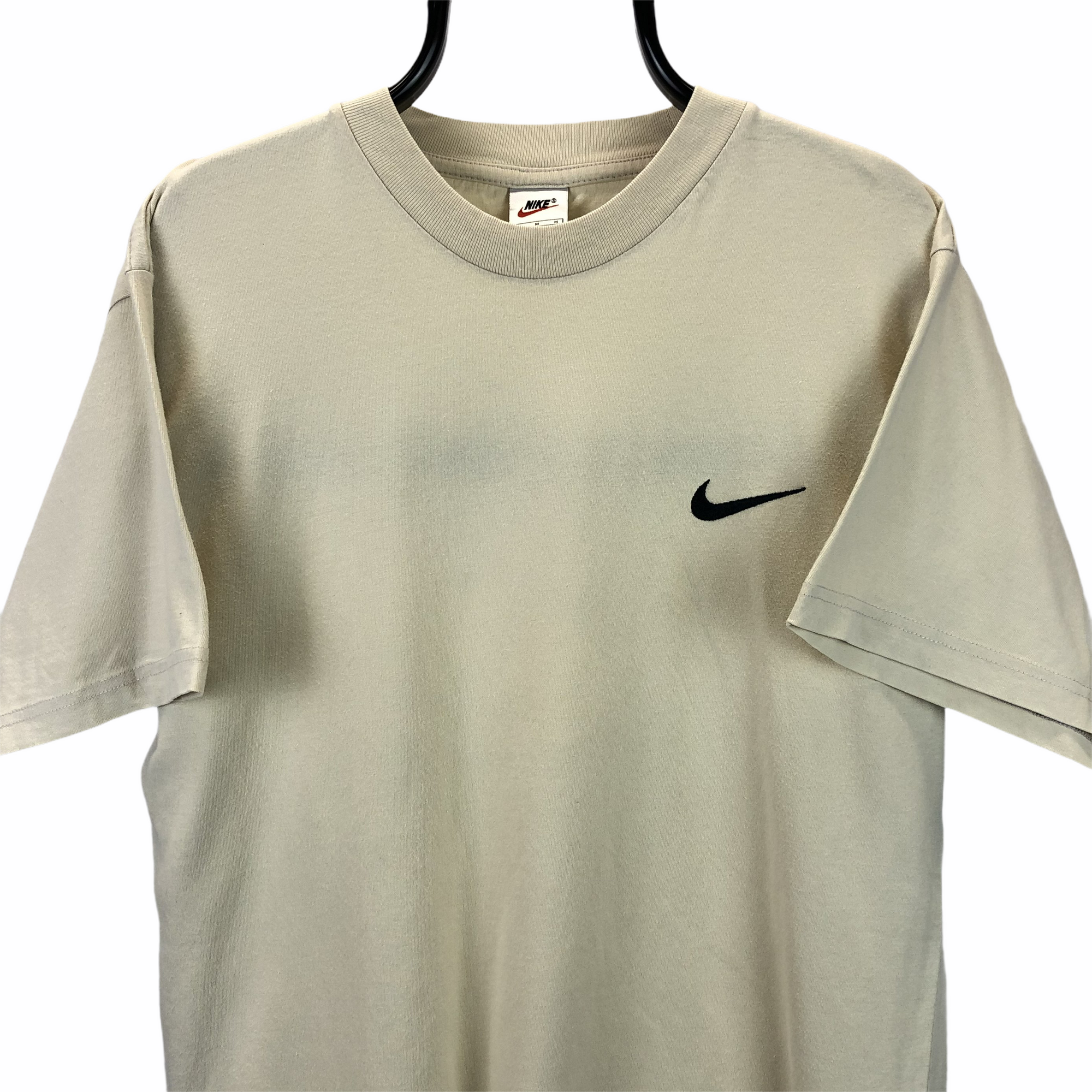 Vintage 90s Nike Embroidered Small Swoosh Tee in Beige - Men's Medium/Women's Large