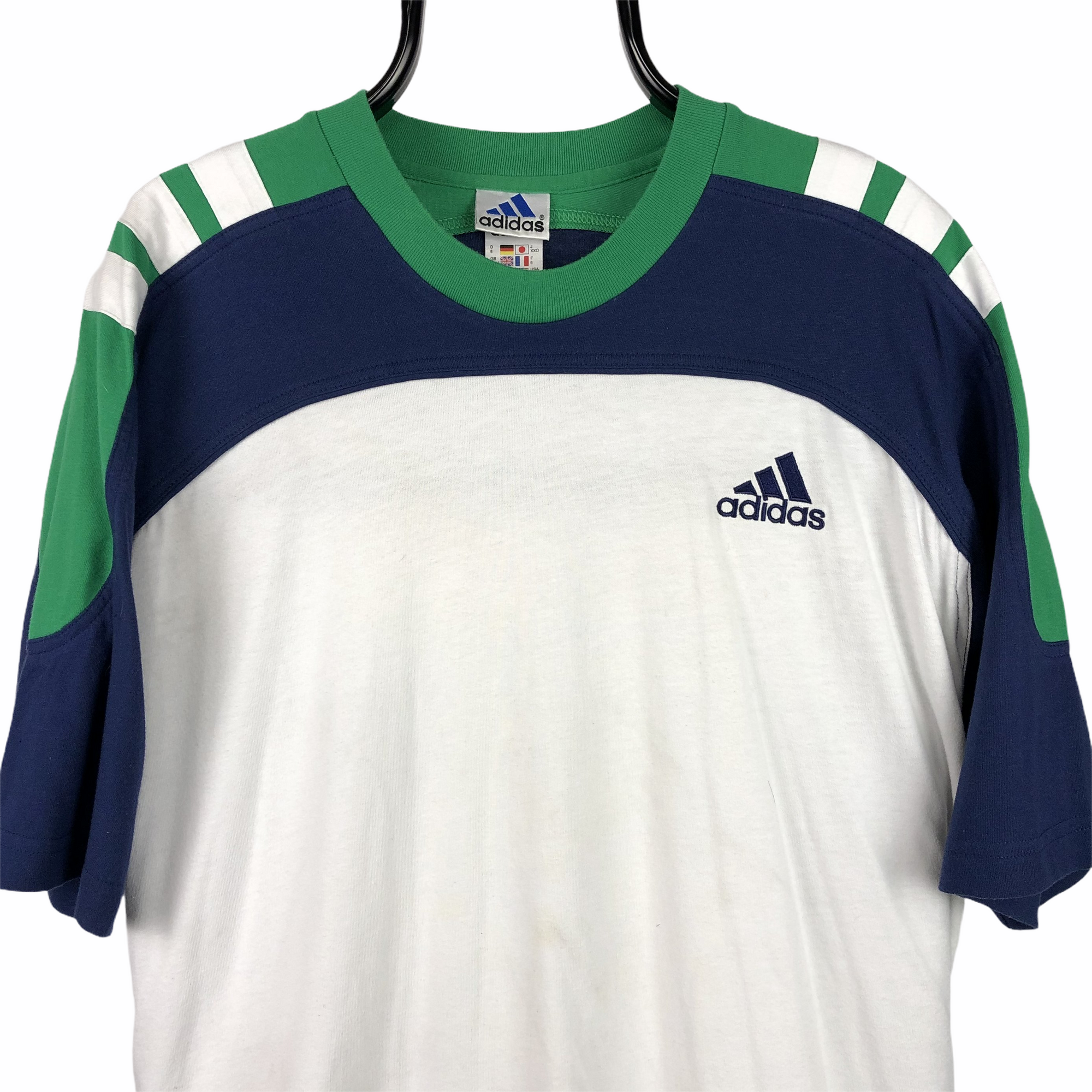 Vintage 90s Adidas Tee in White/Green/Navy - Men's Large/Women's XL