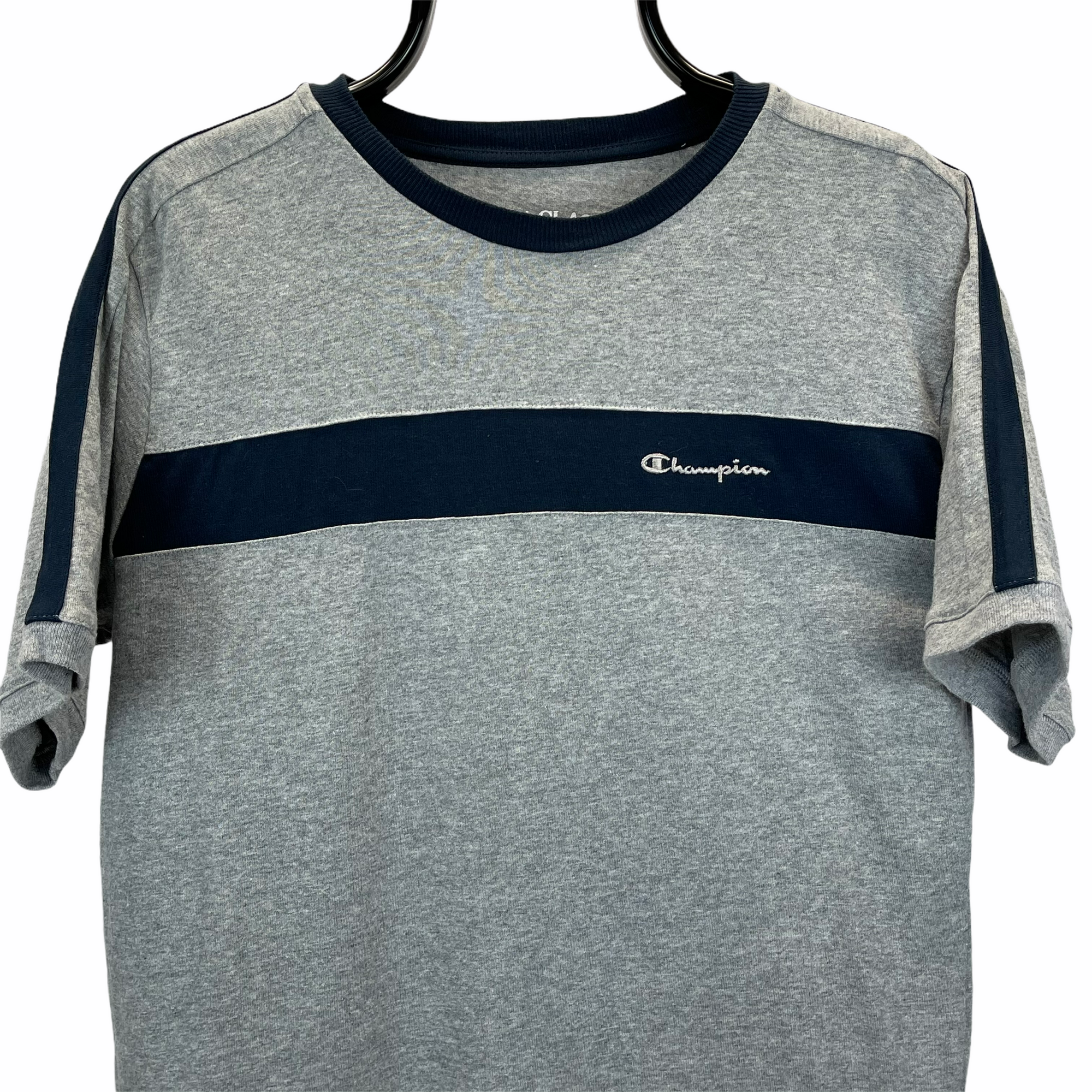 VINTAGE CHAMPION EMBROIDERED SMALL SPELLOUT TEE IN GREY & NAVY - MEN'S MEDIUM/WOMEN'S LARGE