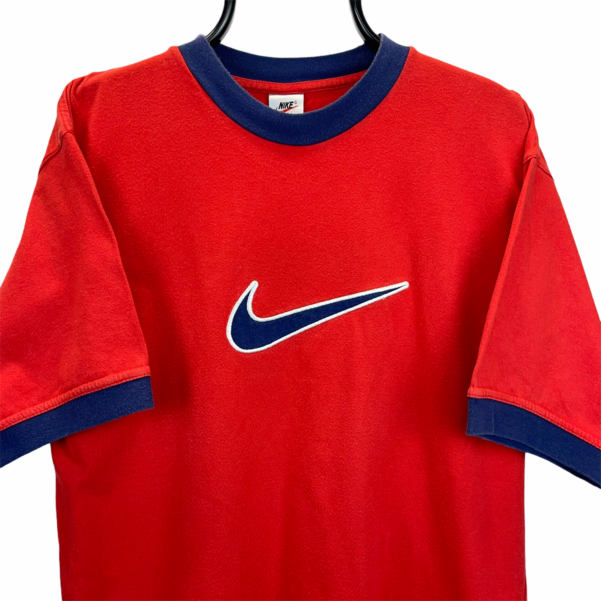 Vintage 90s Nike Embroidered Big Swoosh Tee in Red & Navy - Men's Medium/Women's Large