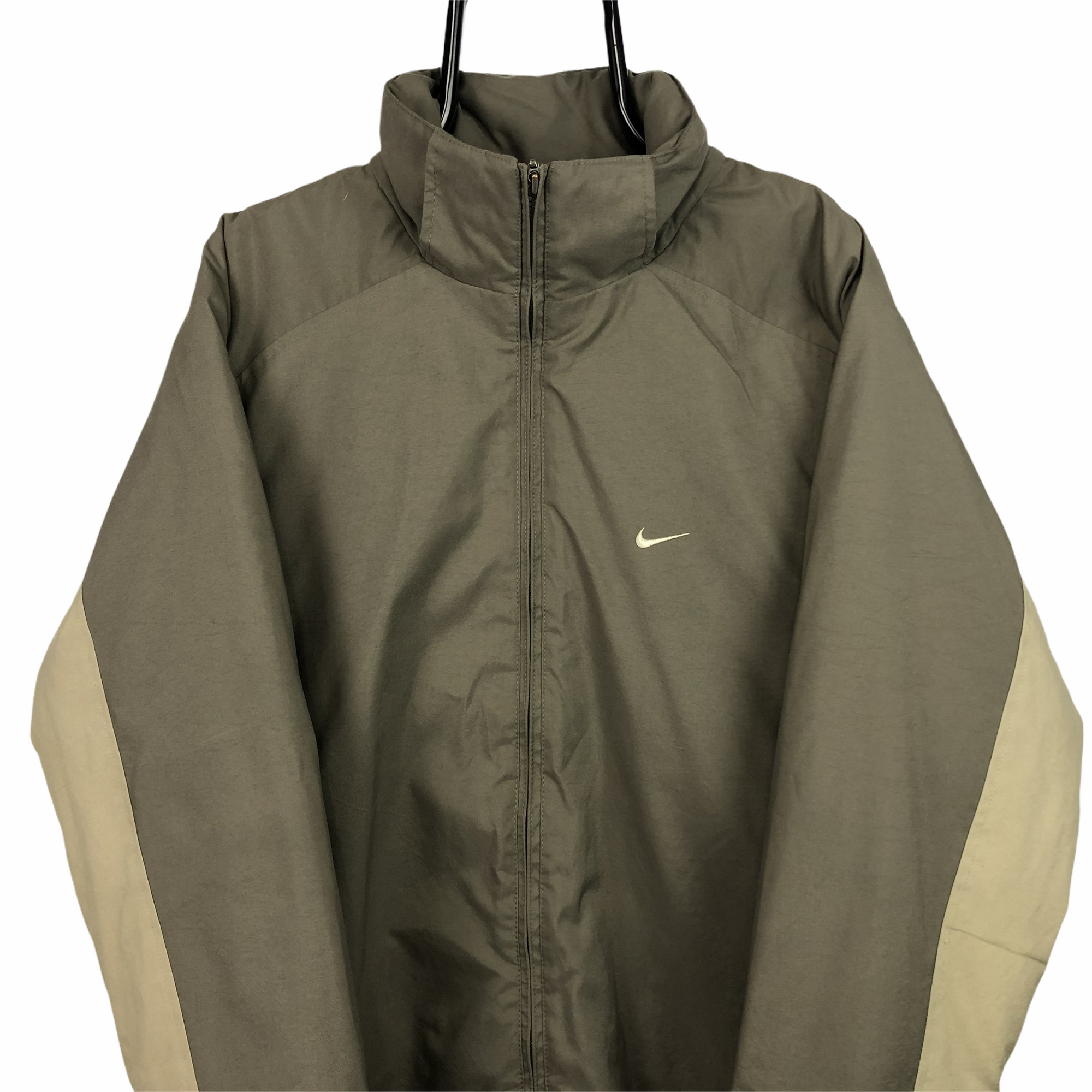Vintage 00s Nike Embroidered Big Swoosh Puffer Jacket in Brown/Beige - Men's Large/Women's XL