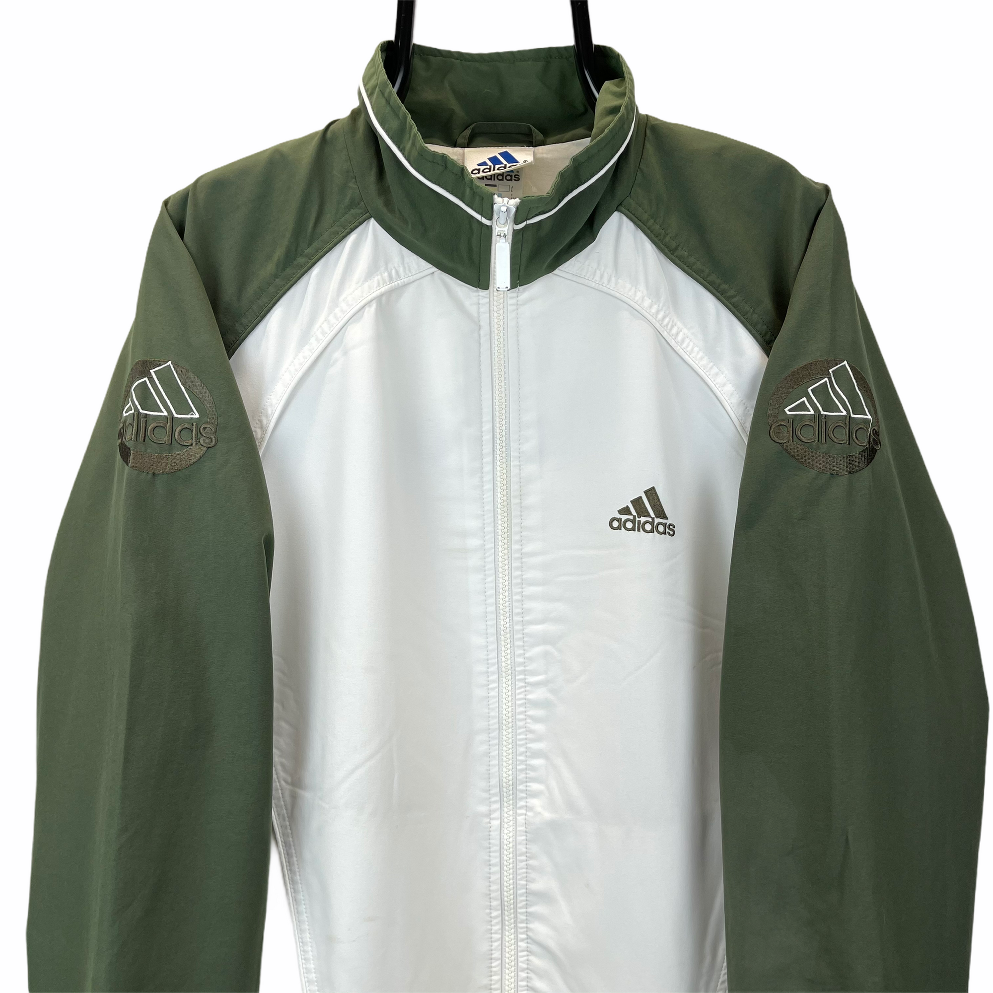 VINTAGE ADIDAS TRACK JACKET IN WHITE & OLIVE - MEN'S LARGE/WOMEN'S XL