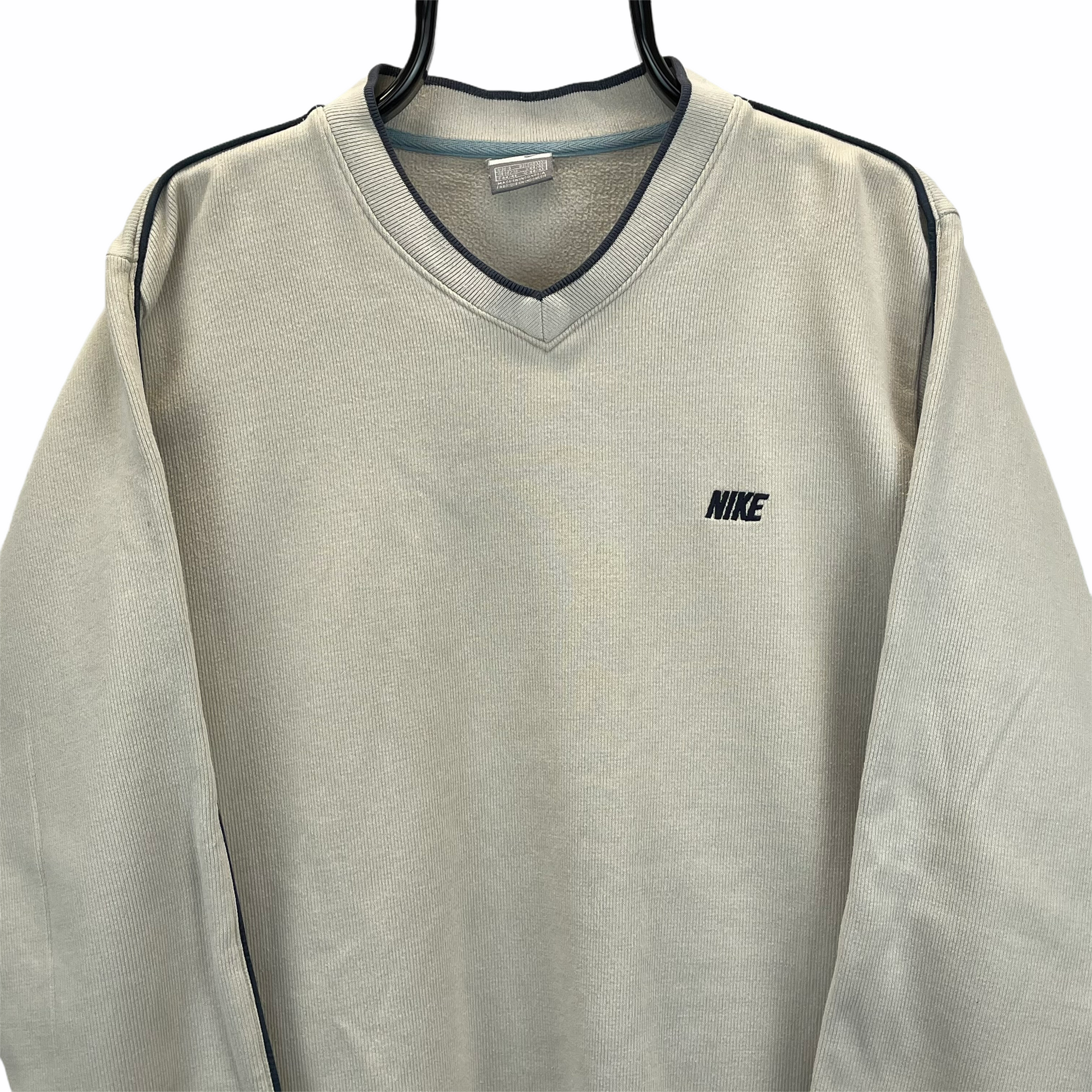 VINTAGE NIKE EMBROIDERED SMALL SPELLOUT SWEATSHIRT IN BEIGE - MEN'S SMALL/WOMEN'S MEDIUM