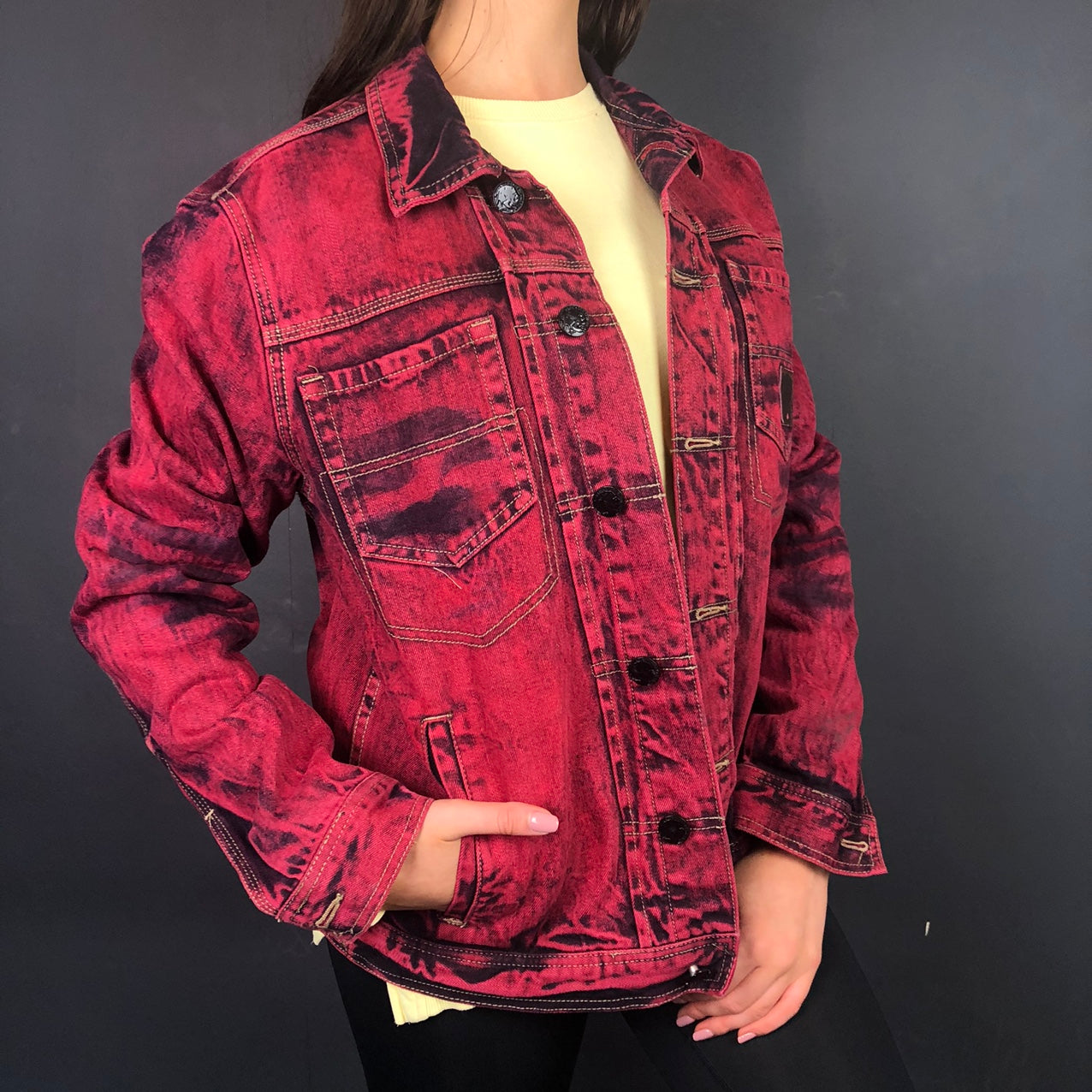 Vintage Denim Jacket in a Red Acid Wash - Medium