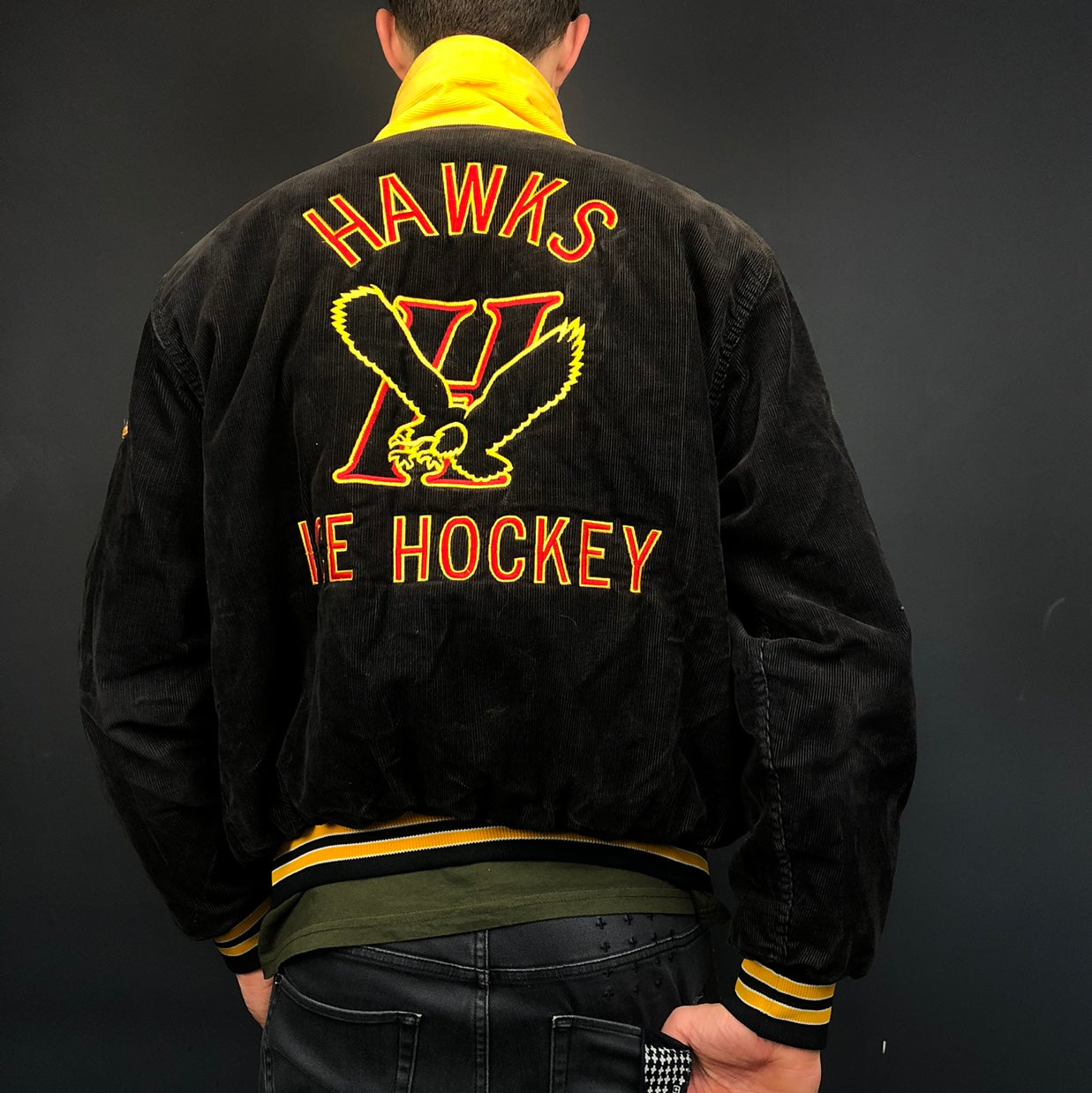 Vintage Hawks Ice Hockey Corduroy Bomber Jacket/Varsity Jacket - Large