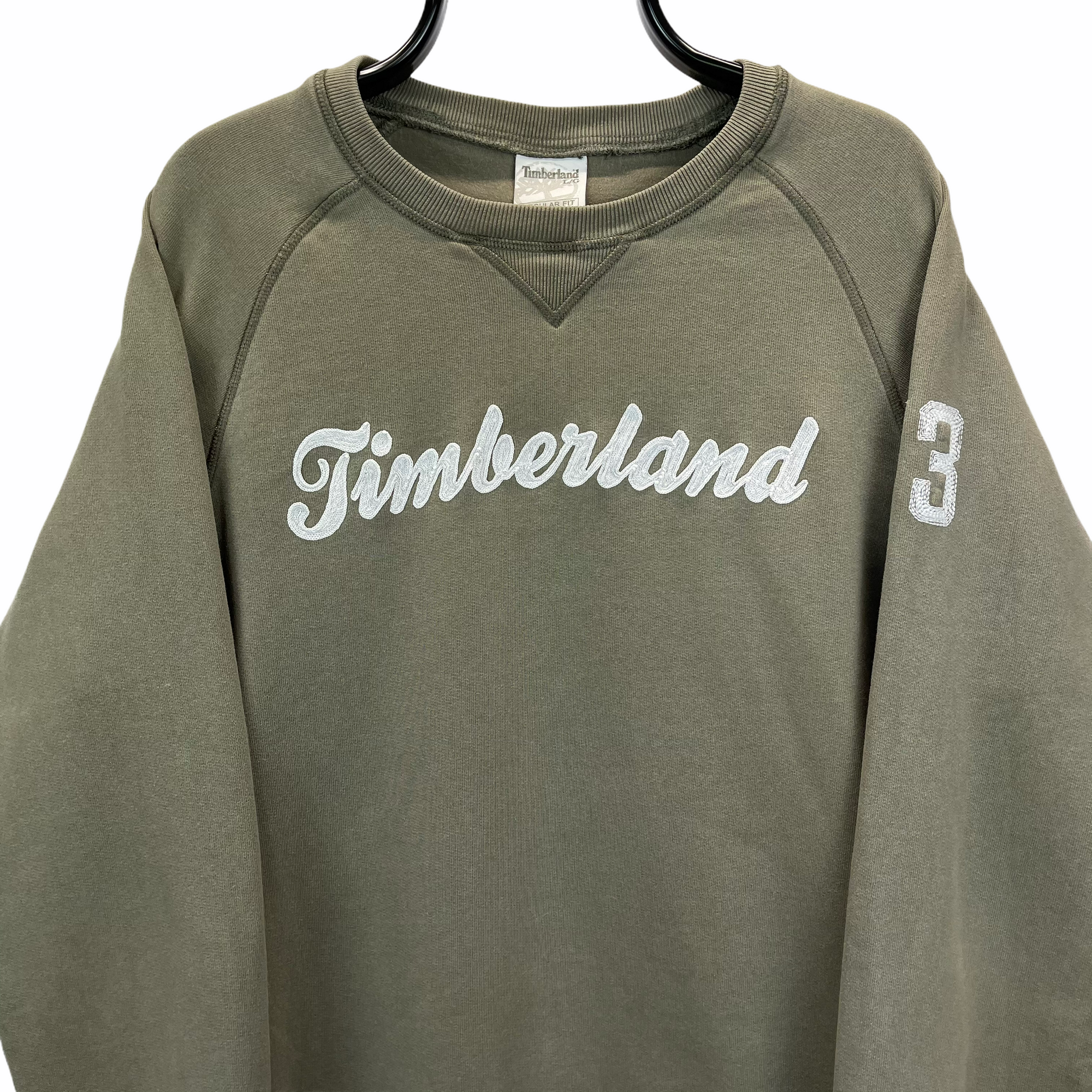 VINTAGE TIMBERLAND SPELLOUT SWEATSHIRT IN OLIVE GREEN - MEN'S LARGE/WOMEN'S XL