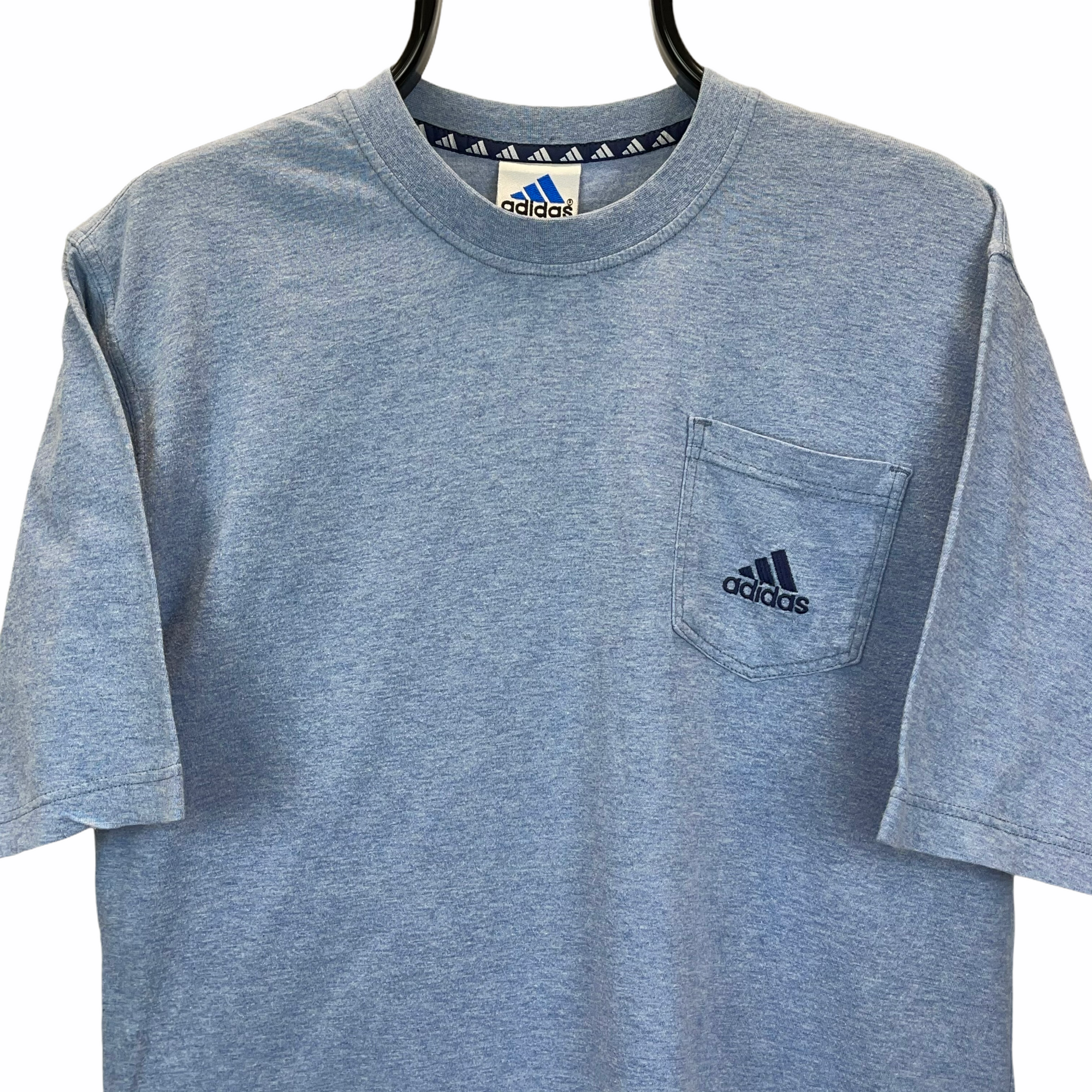VINTAGE 90S ADIDAS EMBROIDERED SMALL LOGO TEE IN BLUE MARL - MEN'S LARGE/WOMEN'S XL